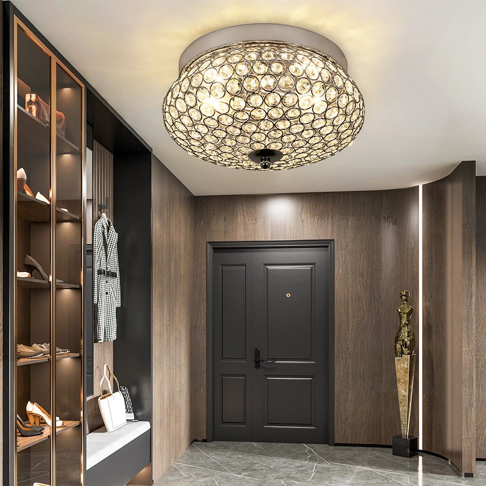 Modern Crystal Chandelier Flush Mount Ceiling Light - 2-Light Crown Design Fixture in Chrome Finish for Bedroom, Kitchen, Living Room, Foyer & Hallway | Elegant Lighting for Home Decor & Interior Design