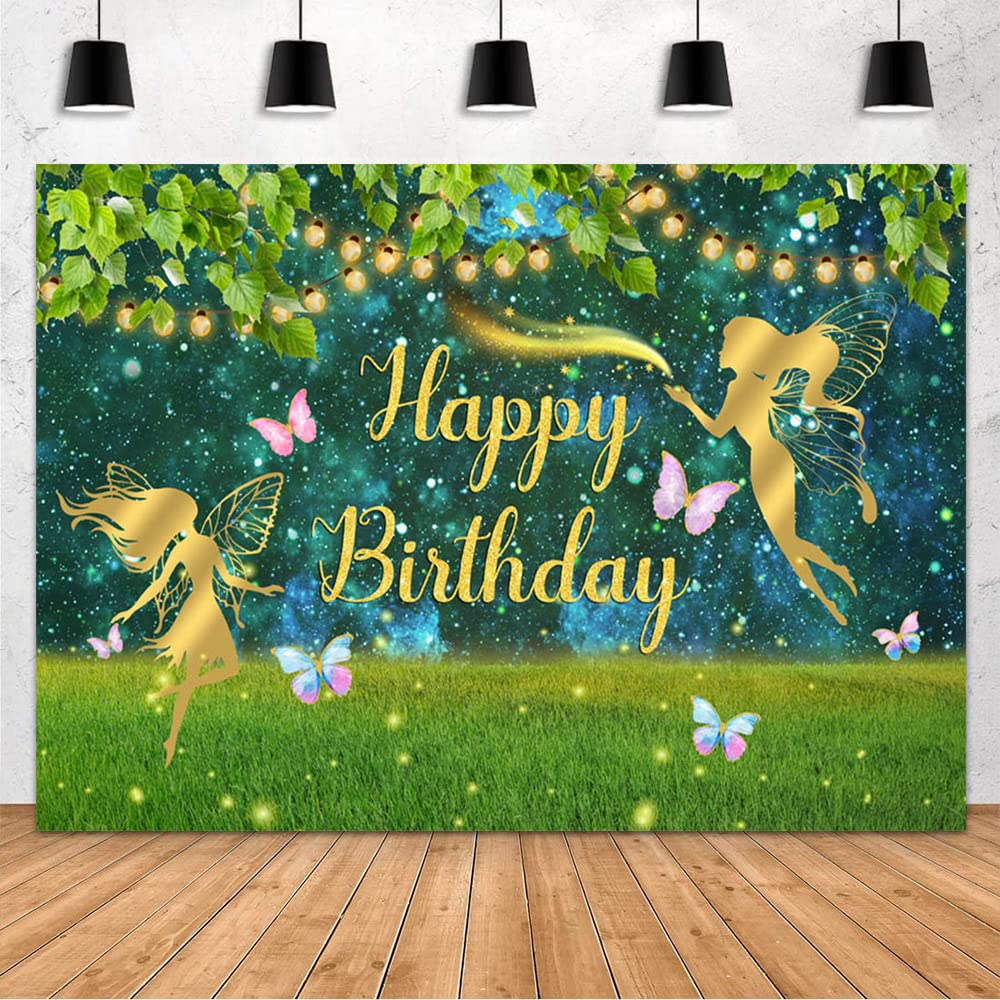 MEHOFOND Fairy Birthday Backdrop - Butterfly Princess Party Decor with Flowers & Grassland Design - 7x5ft Vinyl Photo Background for Cake Table, Studio & Photo Booth - Perfect for Girls' Birthday Parties, Baby Showers & Fairy-Themed Events