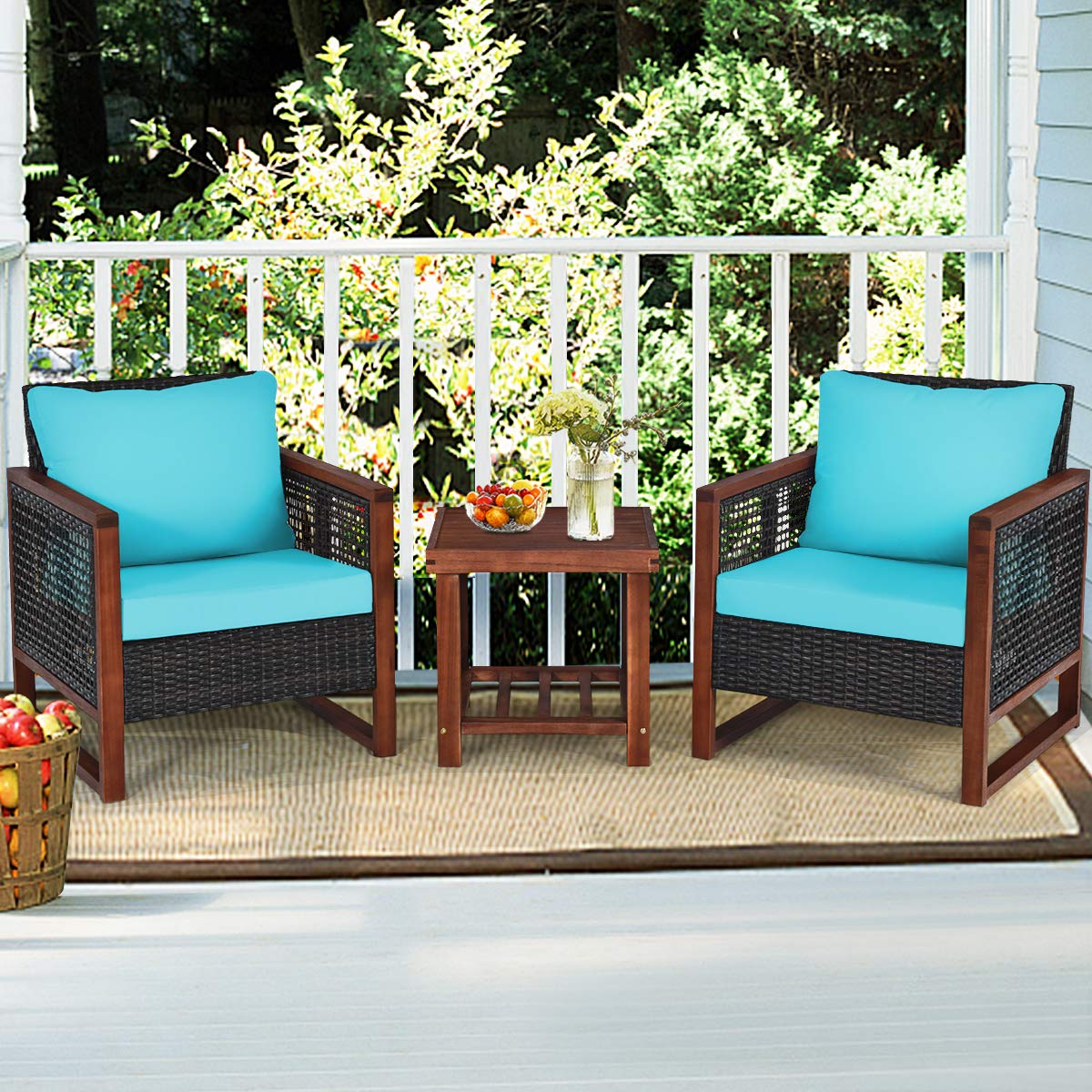 HappyGrill 3-Piece Outdoor Patio Furniture Set - Wicker Chairs with Coffee Table, Acacia Wood Frame & Washable Cushions - Perfect for Garden, Poolside, Backyard, Balcony & Porch Relaxation