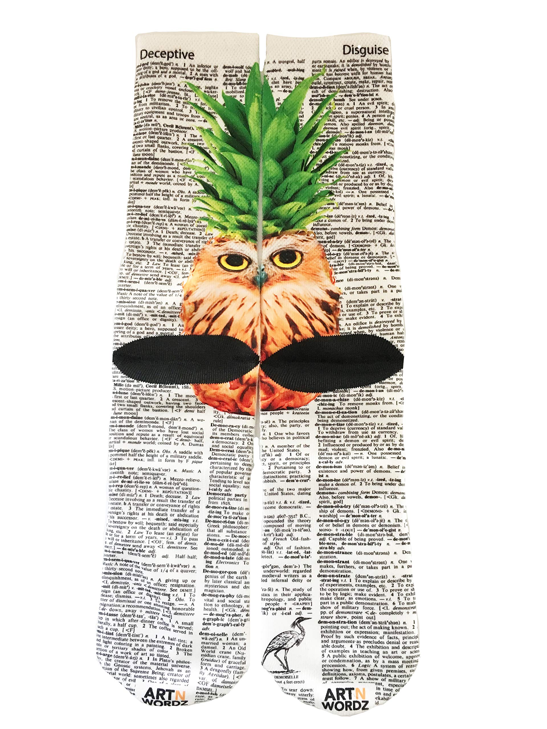 Pineapple Owl Dictionary Pop Art Unisex Socks - Fun Novelty Graphic Crew Socks for Men & Women - Perfect Gift for Book Lovers, Art Enthusiasts & Sock Collectors