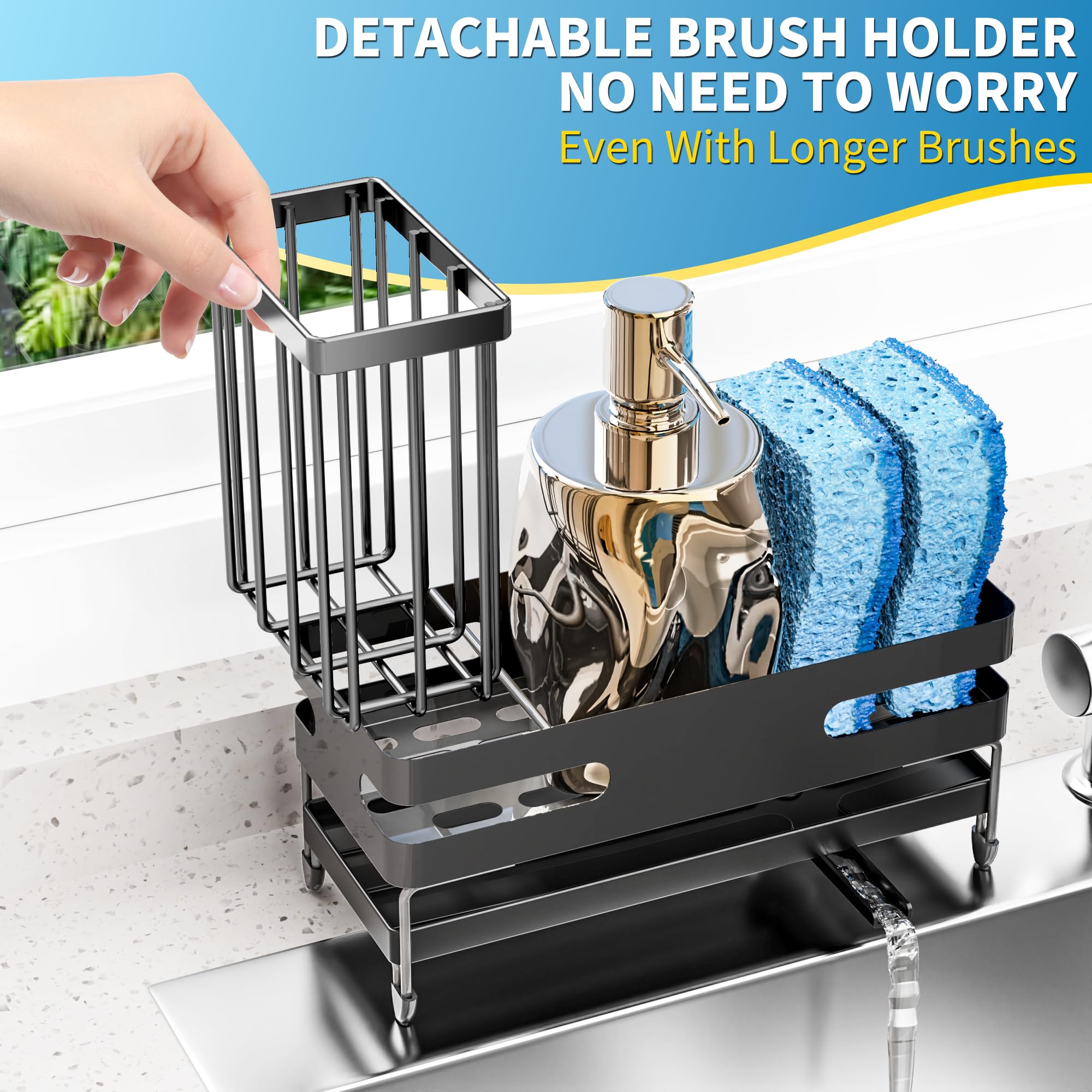 Stainless Steel Kitchen Sink Organizer with Sponge Holder, Brush Holder & Self-Draining Tray - Rustproof Sink Caddy for Sponges & Cleaning Tools - Perfect for Kitchen Organization & Sink Accessories (Black, Large) - Ideal for Keeping Sinks Clean & Organized While Preventing Rust & Water Stains