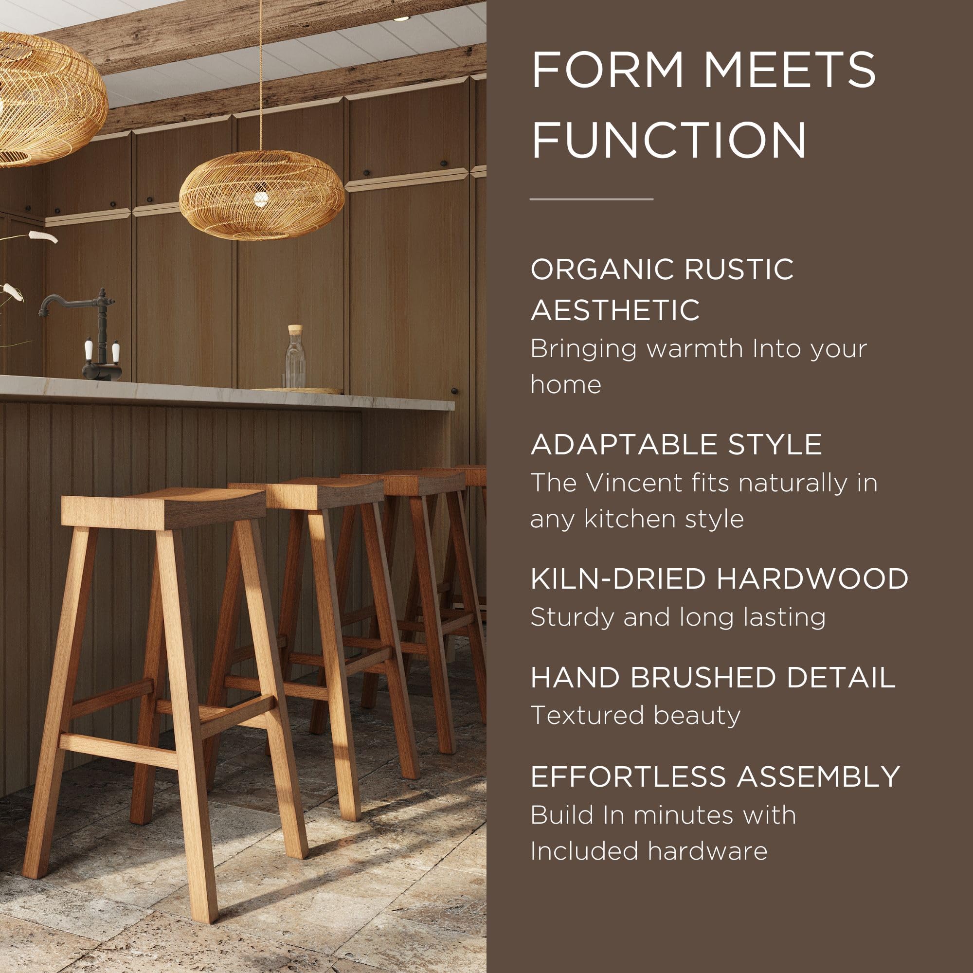 Modern Farmhouse Wood Bar Stool - 31 Inch Backless Kitchen Island & Pub Height Stool with Wide Comfortable Seat - Vincent Antiqued Natural Finish - Perfect for Kitchen, Dining Room & Home Bar Decor