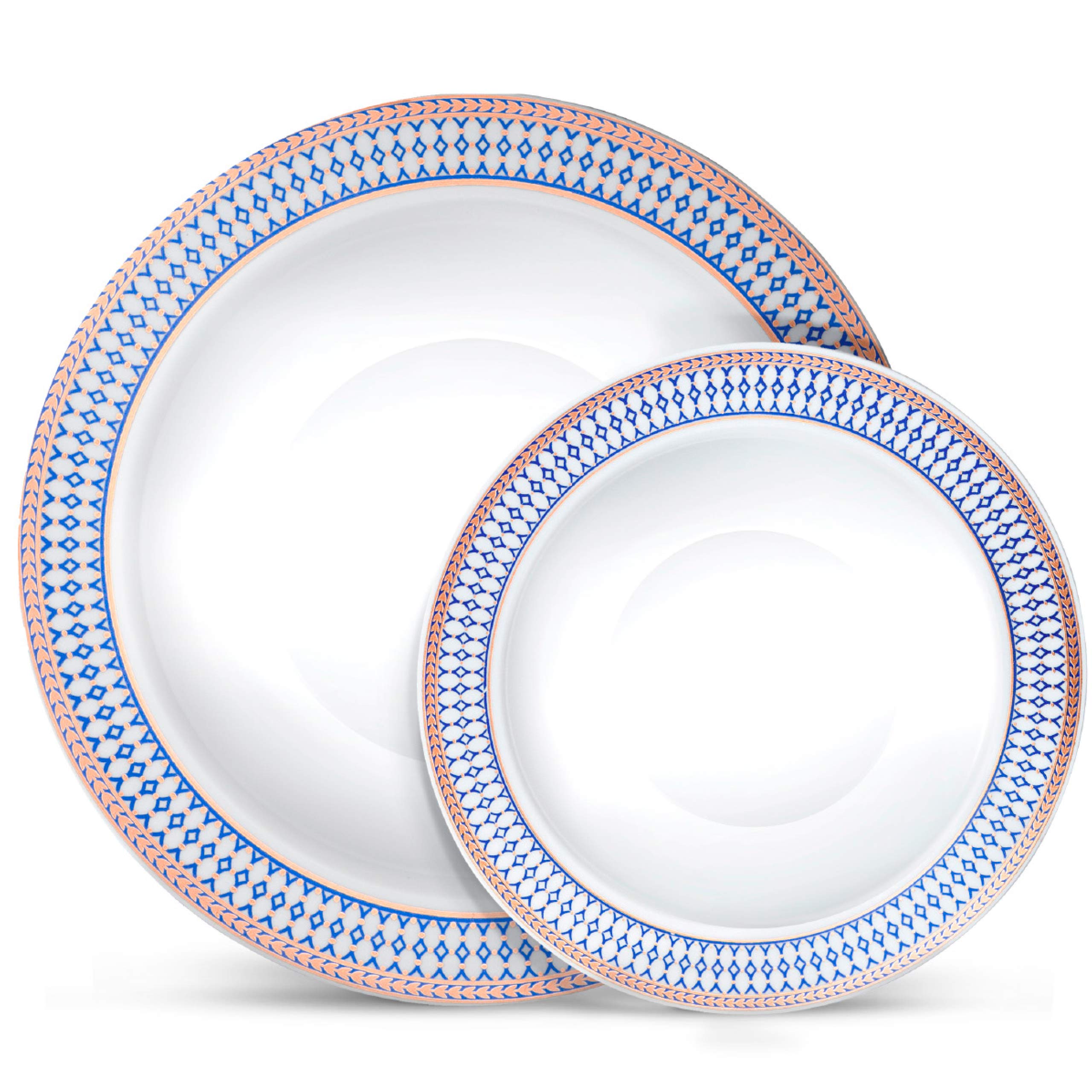 Laura Stein Elegant Disposable Dinnerware Set - 32-Piece Plastic Party Bowls for Weddings & Events - 16 White Soup Bowls (12 oz) & 16 Dessert Bowls (5 oz) with Blue Rim & Rose Gold Accents - Perfect for Wedding Receptions, Bridal Showers, Birthday Parties & Formal Gatherings