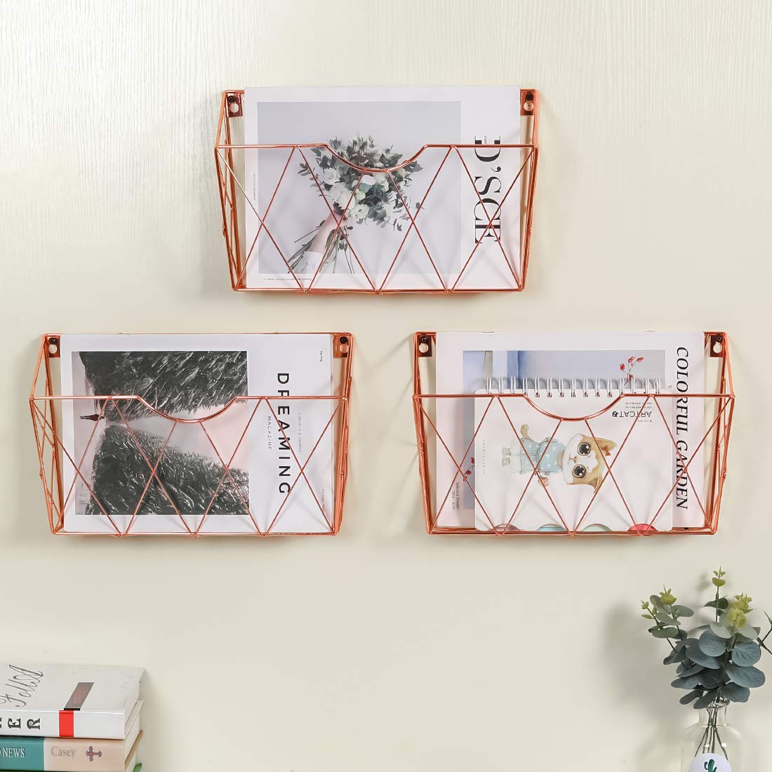Rose Gold Hanging File Organizer - 3 Pocket Vertical Wall File Holder for Office & Home - Perfect for Organizing Documents, Papers & Mail