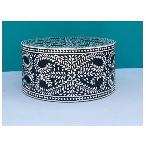 Handmade Antique Bone Inlay Round Coffee Table - Black & White Geometric Design Center Table for Living Room, Lounge & Office Decor
