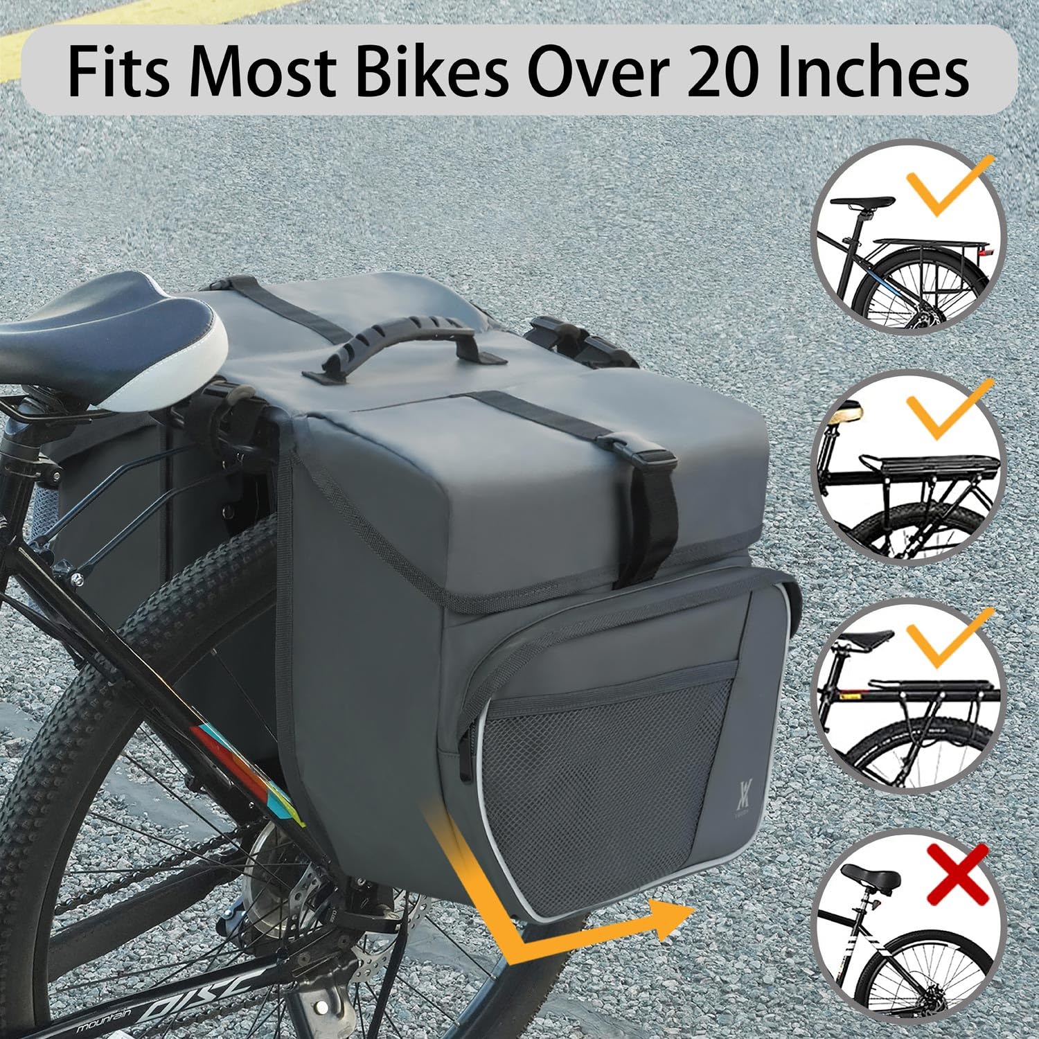 Waterproof 36L Double Panniers Bike Bags - Reflective Safety Saddle Bags for Rear Rack Bicycles, Universal Fit for Most Bicycle Racks with Included Rain Cover (Grey) - Perfect for Commuting, Touring & Outdoor Adventures
