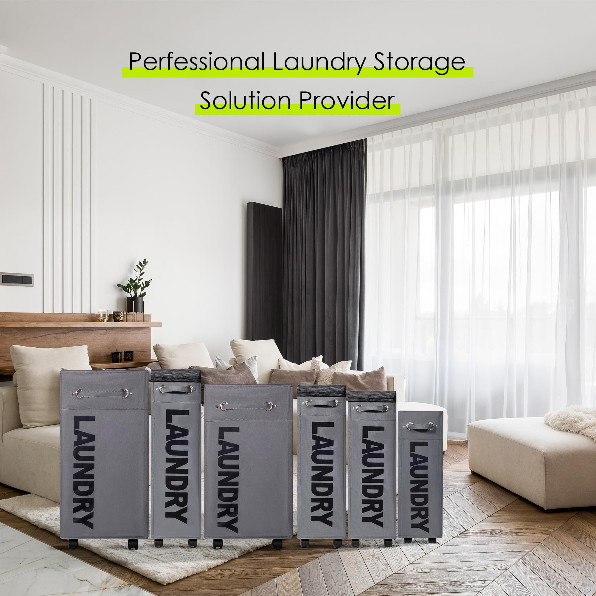 TWIRA 26-Inch Slim Rolling Laundry Basket with Wheels - Collapsible Corner Storage Hamper for Dorm, Bedroom & Bathroom - Space Saving Laundry Organizer (Dark Grey) - Perfect for Small Spaces & Apartment Living