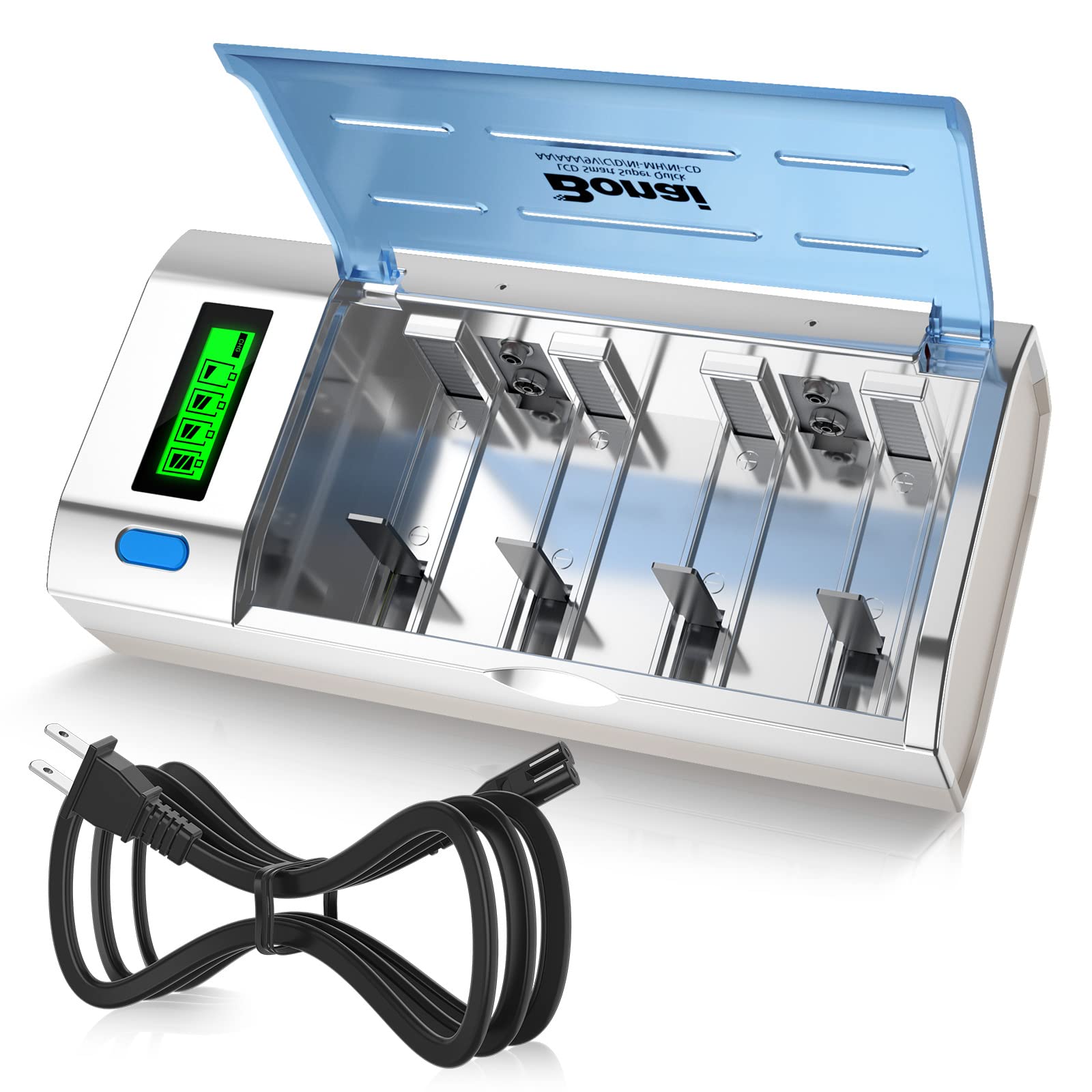 BONAI Universal LCD Battery Charger for AA AAA C D 9V NiMH NiCD Rechargeable Batteries with Discharge Function - Fast Charging for Home, Office, and Electronic Devices