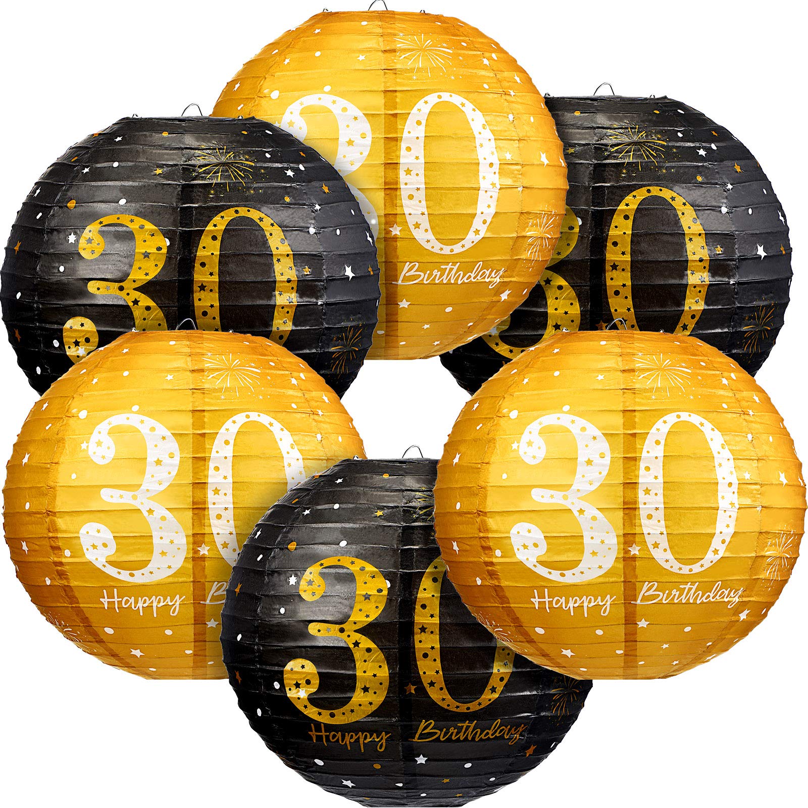 6 Pack Black Gold Glitter Hanging Paper Lanterns - 30th Birthday Party Decorations Set for Men, Women & Teens | Anniversary & Celebration Party Supplies | Perfect for Indoor/Outdoor Decor, Baby Showers & Graduation Parties
