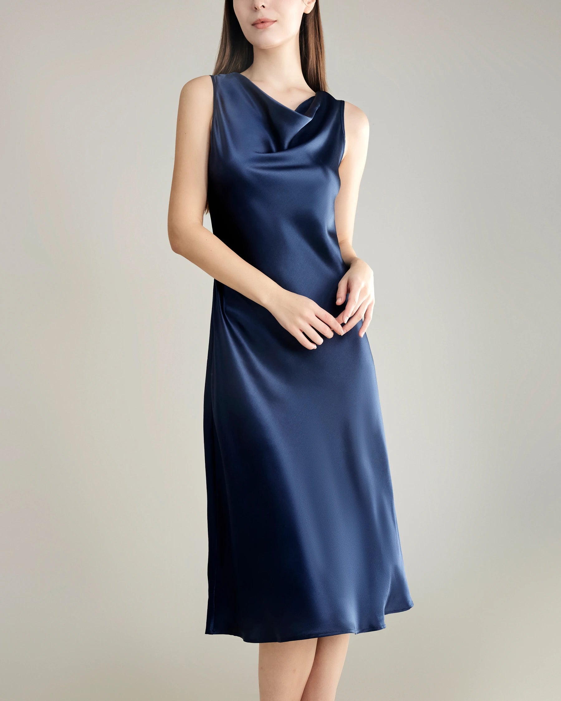 Elegant Silk Dresses with Asymmetrical Cowl Neck - Women's Flowy Summer Dress for Party, Wedding & Special Occasions