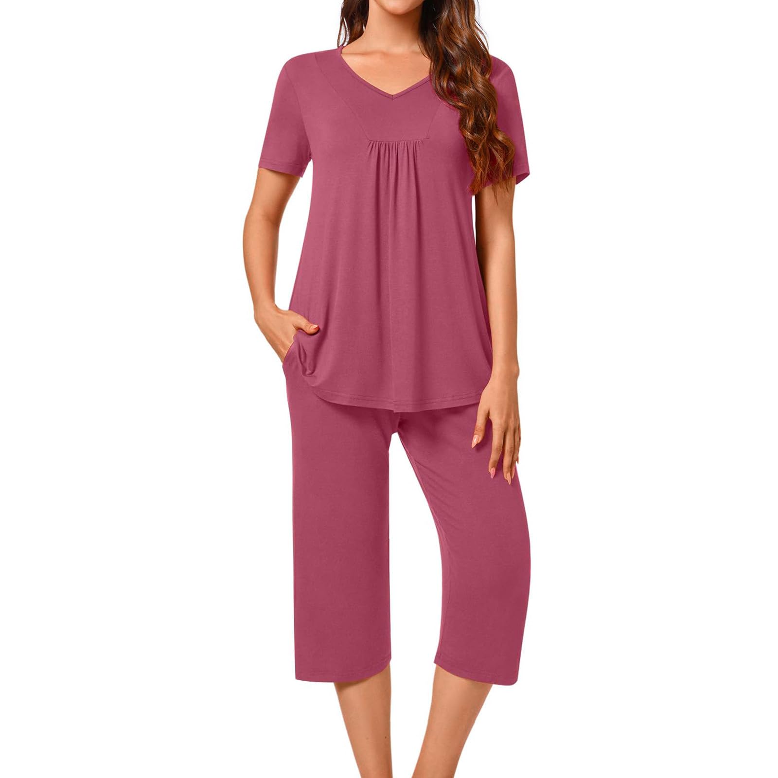 Women's 2-Piece Soft Pajama Set with Pockets - Short Sleeve Top & Cropped Pants for Sleep, Lounge & Relaxation at Home | Comfy Sleepwear Pjs for Women