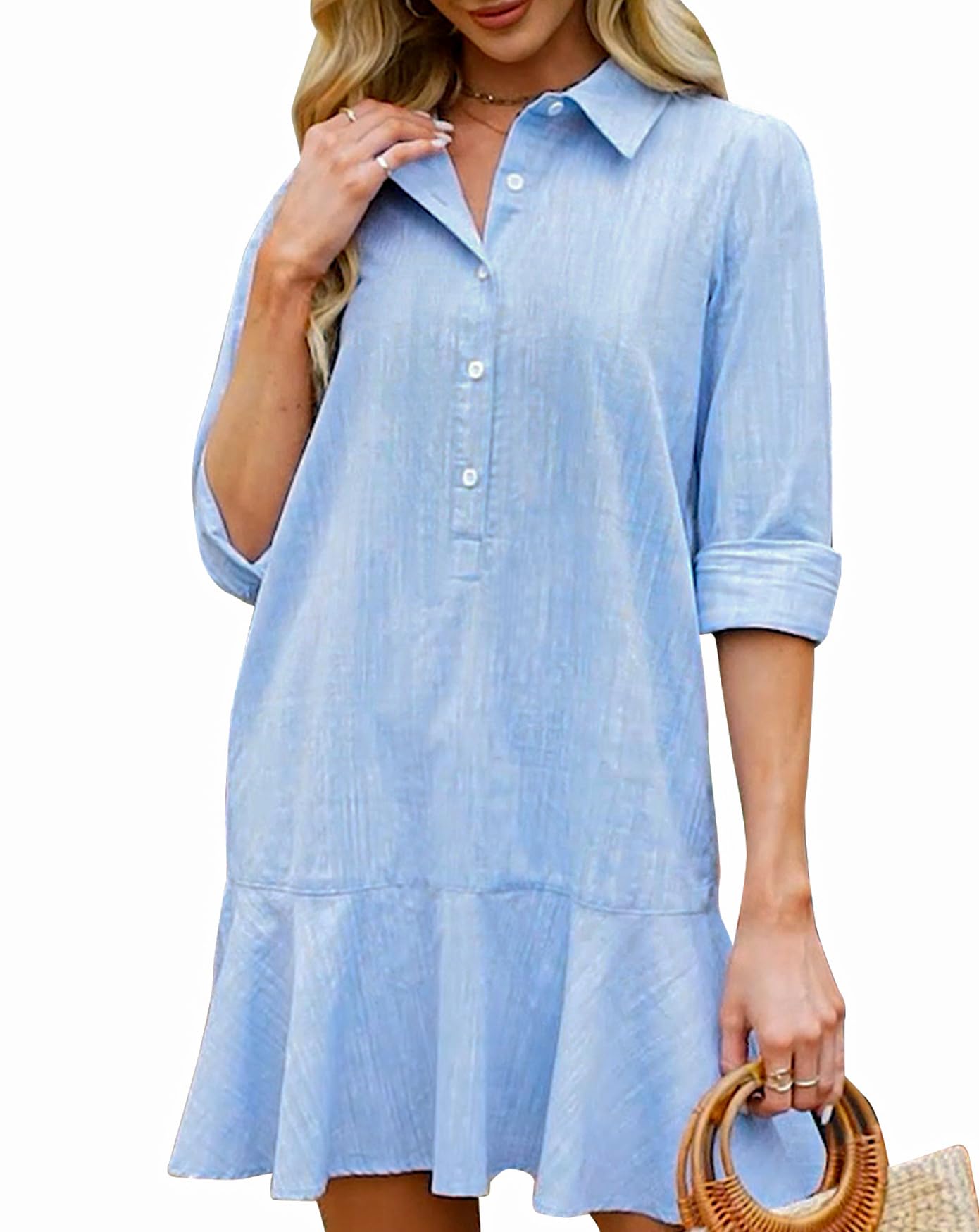 Kedera Women's Long Sleeve Tunic Shirt Dress with Ruffle Hem & Pockets - Casual Button Up Mini Shift Dress for Work, Date Night & Everyday Wear