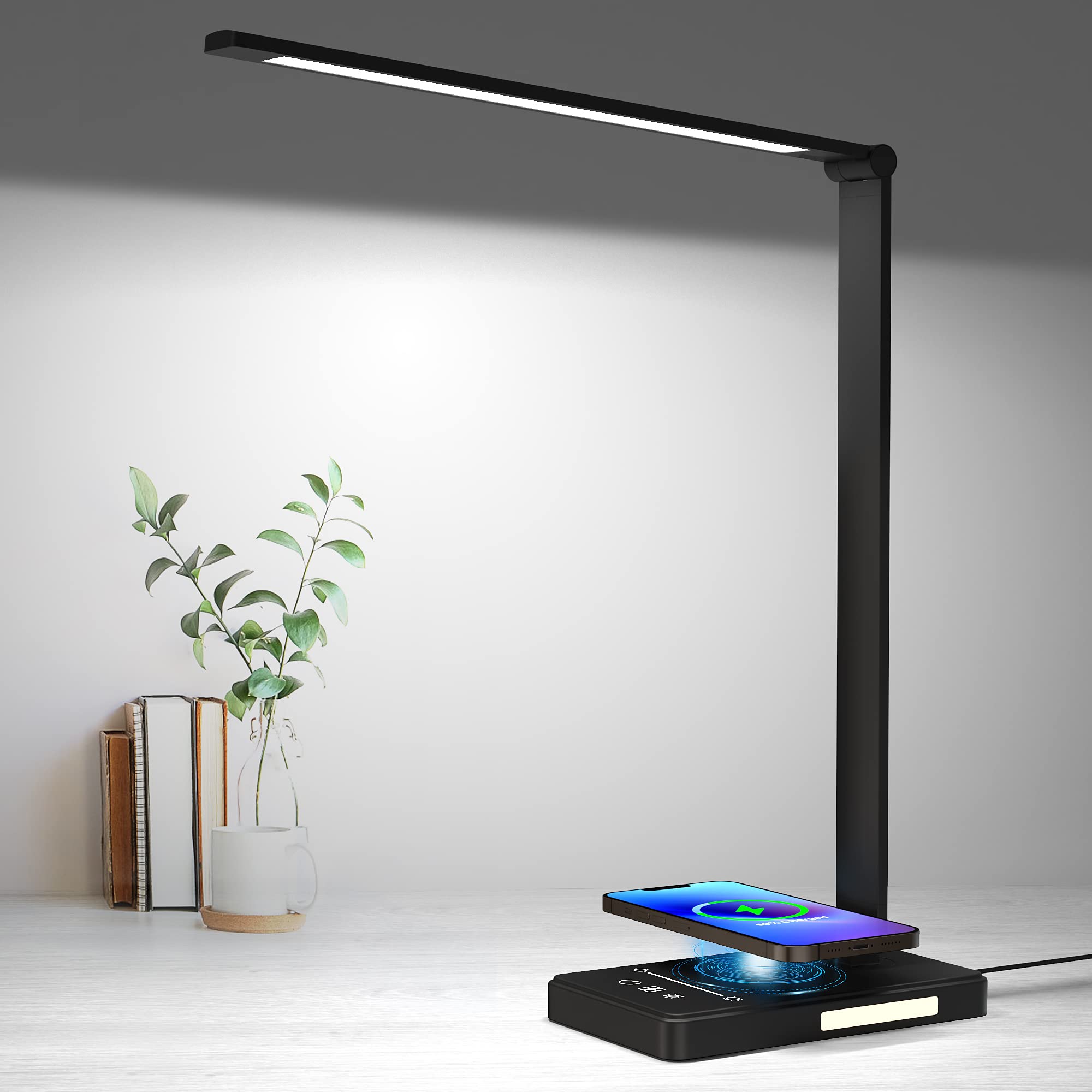 BEYONDOP 10W Fast Wireless Charging LED Desk Lamp - 5 Lighting Modes & 10 Brightness Levels, Dimmable Eye-Care Reading Light for Home Office, Touch Control Study Lamp | Perfect for Night Reading, Remote Work & Gift Giving