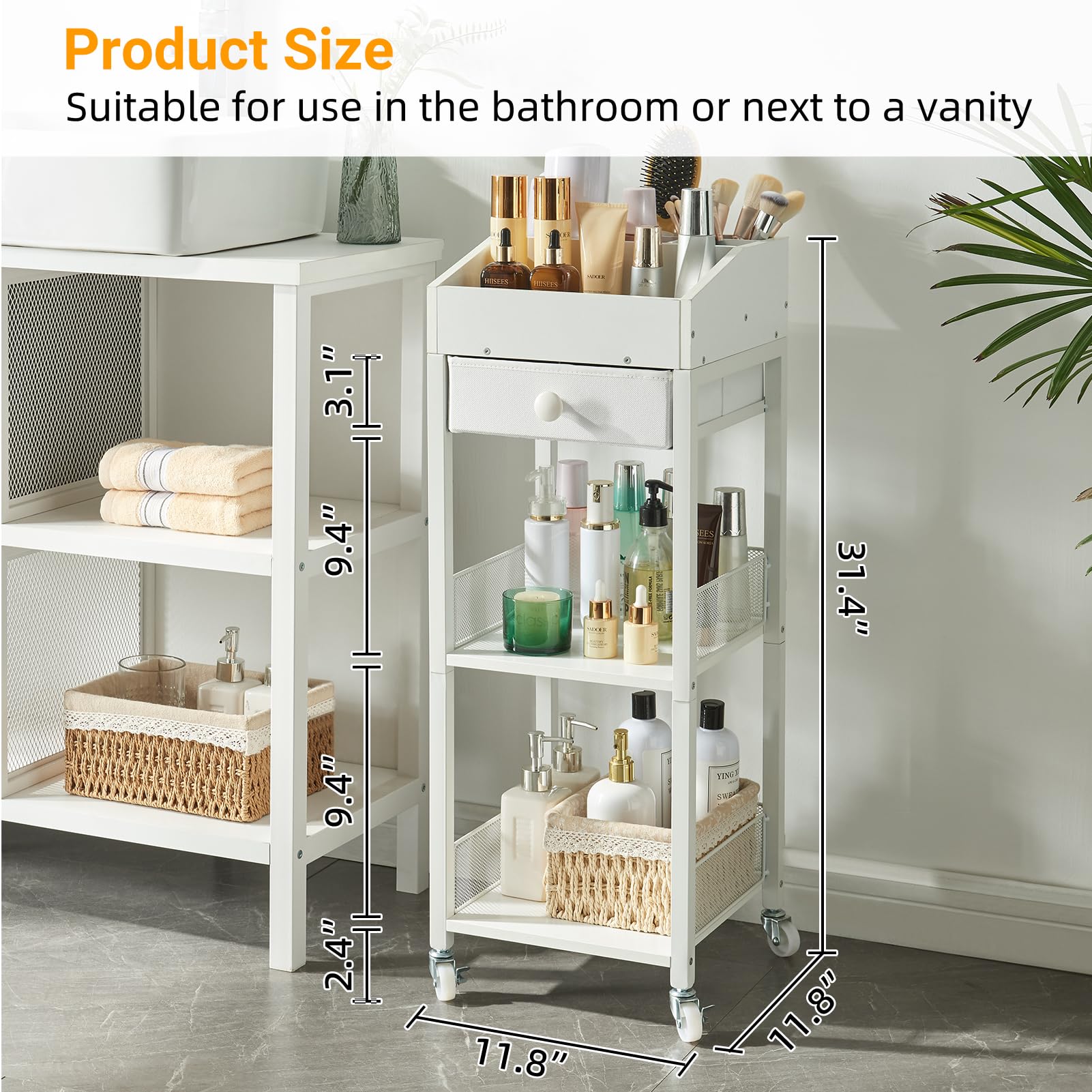 3-Tier Rolling Makeup Organizer Cart with Drawer - Portable Cosmetic Storage Stand for Skincare & Beauty Products - Free Standing Vanity Organizer with Wheels for Bedroom, Bathroom, Dresser (White) | Perfect for Small Space Organization & Travel Beauty Essentials
