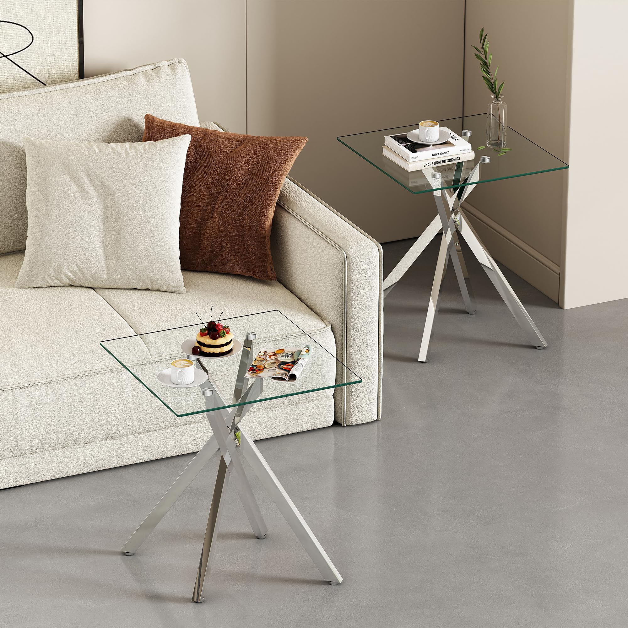Modern Silver Glass Coffee Table Set of 3 - 39.4 Inch Clear Rectangle End Tables with Geometric Metal Legs for Living Room, Chrome Silver Cocktail Tables - Perfect for Lounge, Home Decor & Entertaining Guests