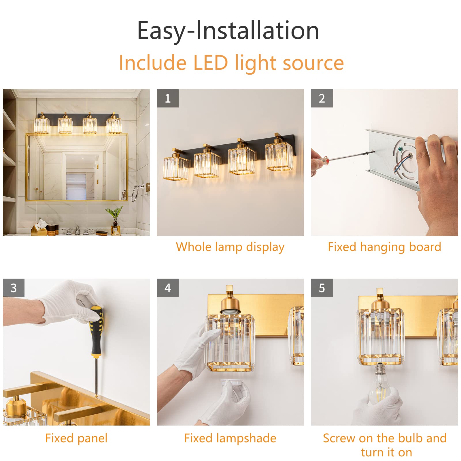 Modern Black Gold Crystal Bathroom Vanity Light - 4-Light Wall Sconce Fixture for Bathroom Mirror Lighting, Makeup Vanity, Dressing Room & Spa Decor