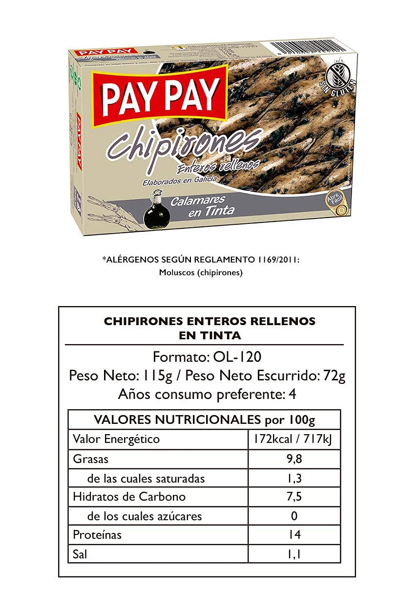 Premium Stuffed Squids in Ink Sauce - Chipirones Rellenos en su Tinta - 4oz Canned Seafood (Pack of 25) - Perfect for Tapas, Paella & Gourmet Cooking