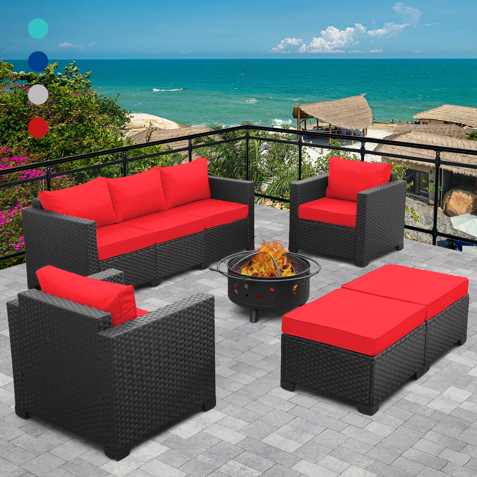 **6-Piece Patio Furniture Set with Deep Wood-Burning Fire Pit - Outdoor Wicker Sofa, Dome Steel Fire Pit, No-Slip Cushions, Furniture Covers, Round Spark Screen & Fire Poker (Red) - Perfect for Backyard, Garden, and Camping Gatherings**