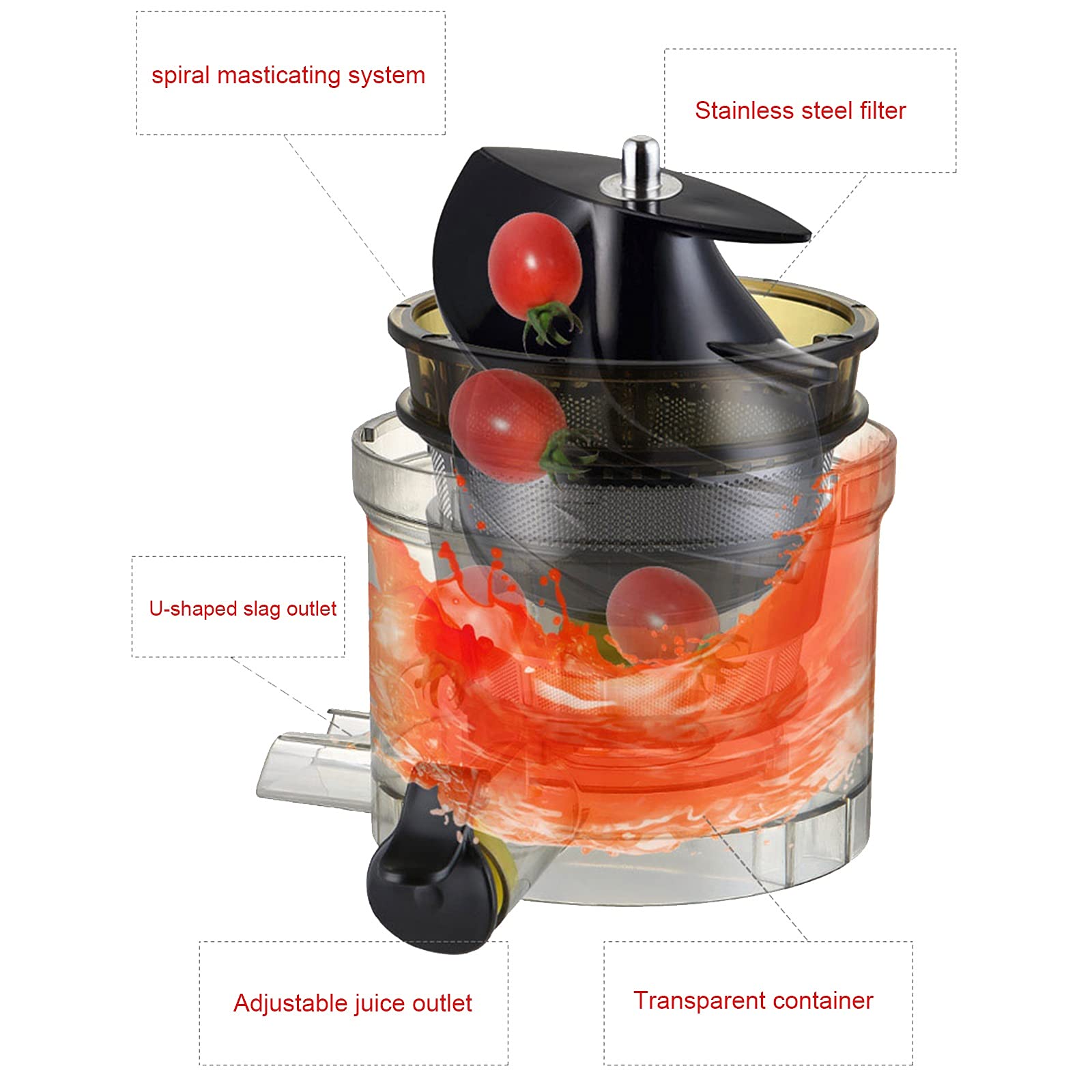 Premium Slow Masticating Juicer for Fruits & Vegetables - 80mm Wide Feed Chute, Cold Press Technology, Easy to Clean - Red (Perfect for Healthy Juicing, Detox Drinks & Family Breakfast)