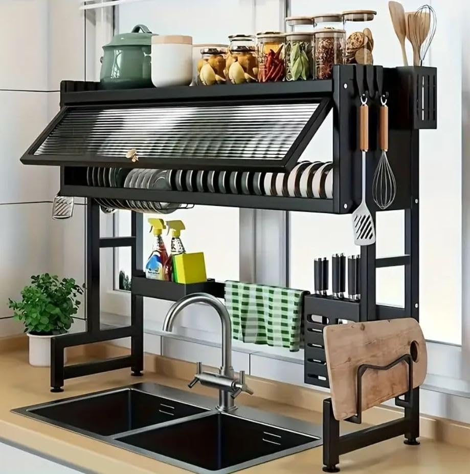 AWOKZA 3-Tier Over The Sink Dish Drying Rack with Cover - Space Saving Kitchen Organizer for Dishes, Glasses, Bowls & Cutlery - Perfect for Small Kitchens, Apartments & RV Use (2 Layer)