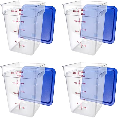 Tiger Chef 22 Quart Clear Commercial Grade Square Polycarbonate Food Storage Containers with Blue Lids (4 Pack) - Perfect for Restaurants, Catering & Bulk Food Storage