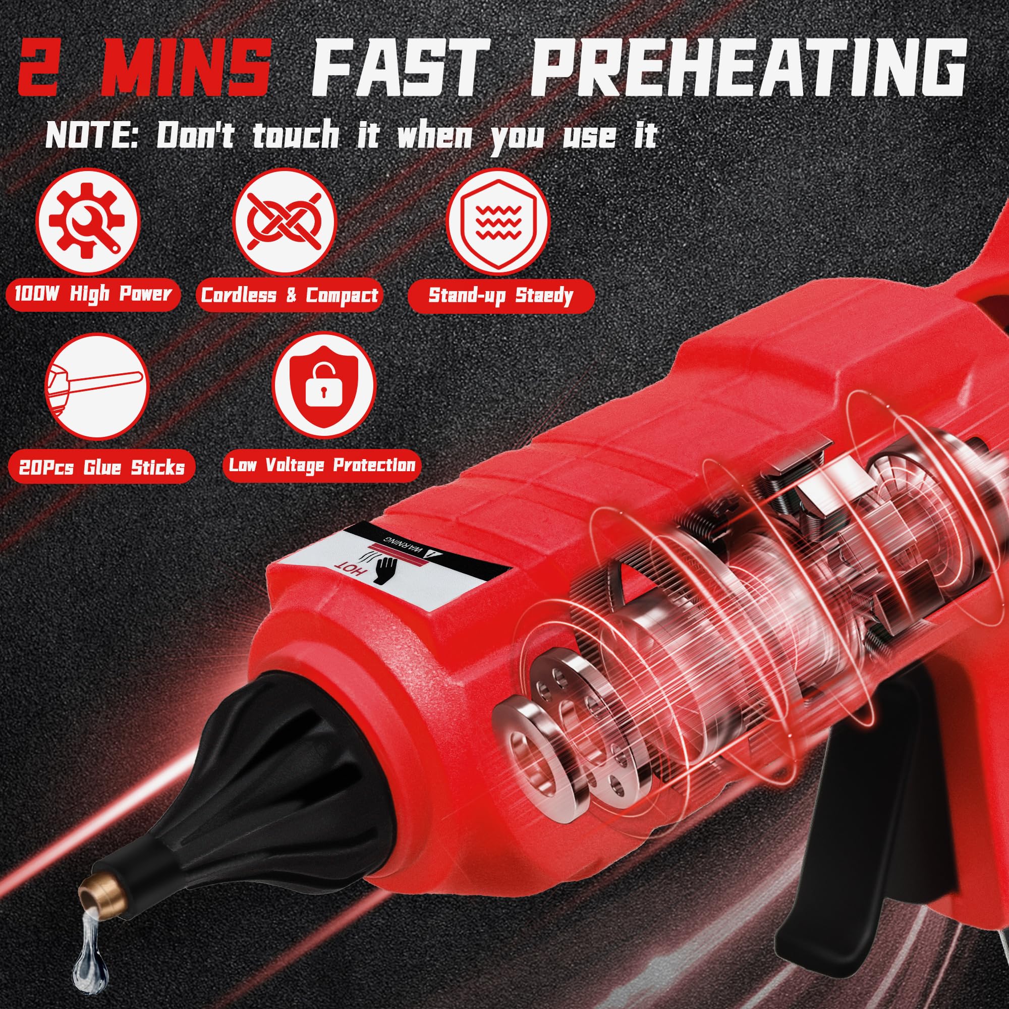 Milwaukee M18 Cordless Glue Gun - 100W Fast Heating Hot Glue Gun with 20 Glue Sticks for DIY Crafts, Home Repairs, Woodworking & Quick Fixes | Compatible with M18 Battery (Battery Not Included)