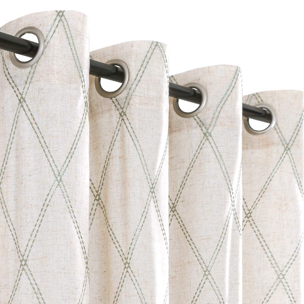 Premium Linen Curtains for Living Room & Bedroom - Green Diamond Embroidered Geometric Pattern Window Drapes, Flax Grommet Curtain Panels 84 Inches Long (Set of 2) - Elegant Home Decor for Modern & Traditional Interiors
