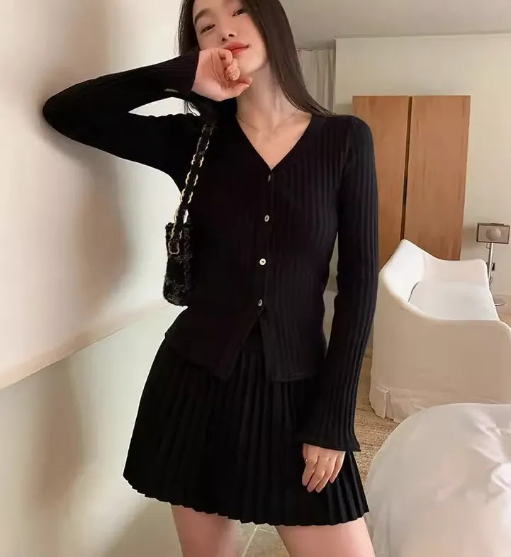 Elegant Women's Two-Piece Solid Knit Skirt Set - V-Neck Long Sleeve Cardigan & Mini Pleated Skirt | Y2K Korean Chic Outfit for Autumn | Perfect for Office, Date Night & Casual Wear