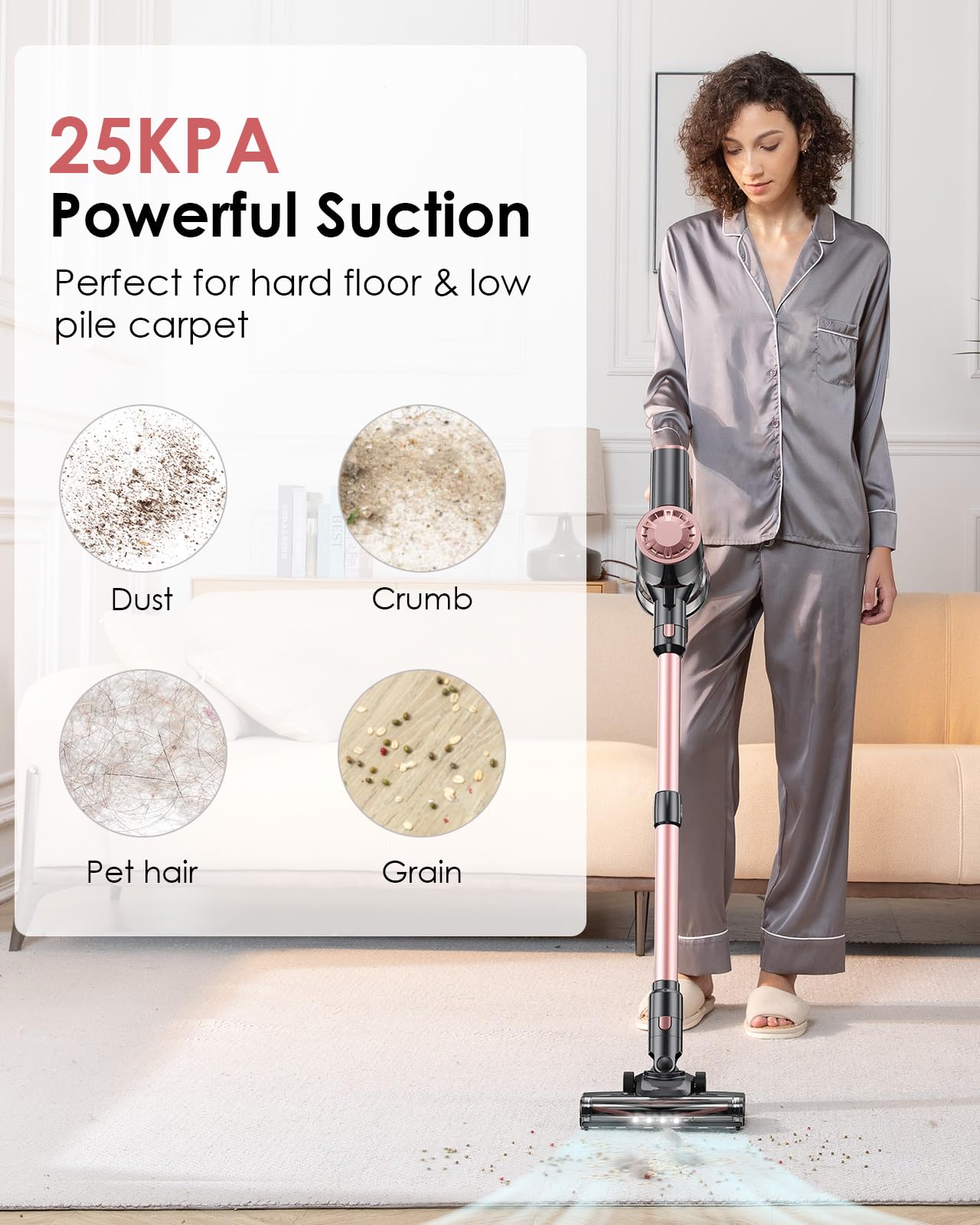 V8PRO Cordless Vacuum Cleaner - 25KPa Powerful Stick Vacuum with Self-Standing Design, 35Min Runtime, 6-in-1 Lightweight for Hardwood Floors & Carpet Pet Hair - Champagne | Perfect for Home Cleaning, Quick Pickup, Pet Owners & Allergy Sufferers