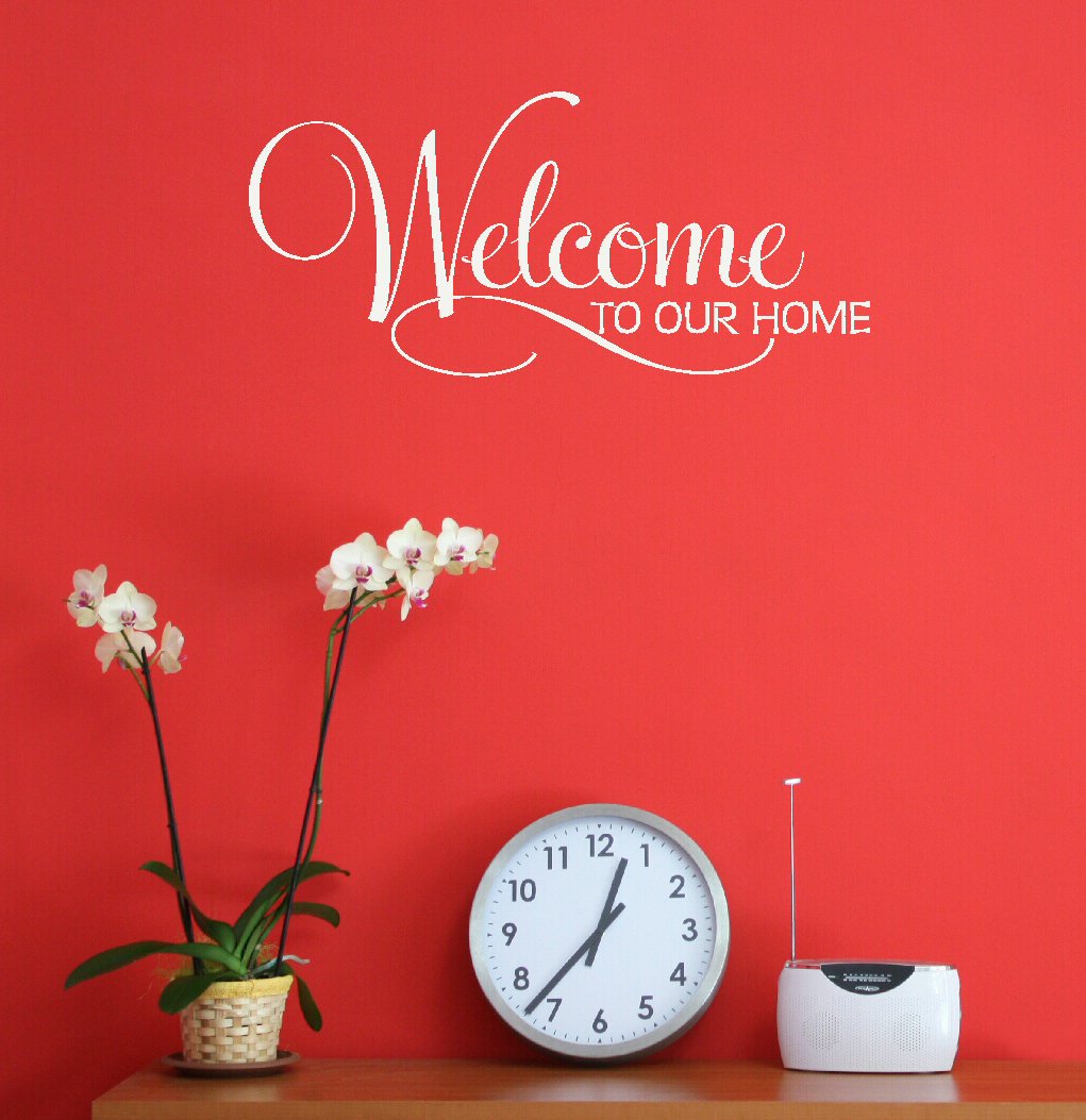 Welcome to Our Home Vinyl Wall Decal - 12x5.5 Inch White Entryway Decor - Self-Adhesive Removable Wall Sticker for Front Door, Living Room & Hallway - Perfect for Home, Apartment & Office Decor