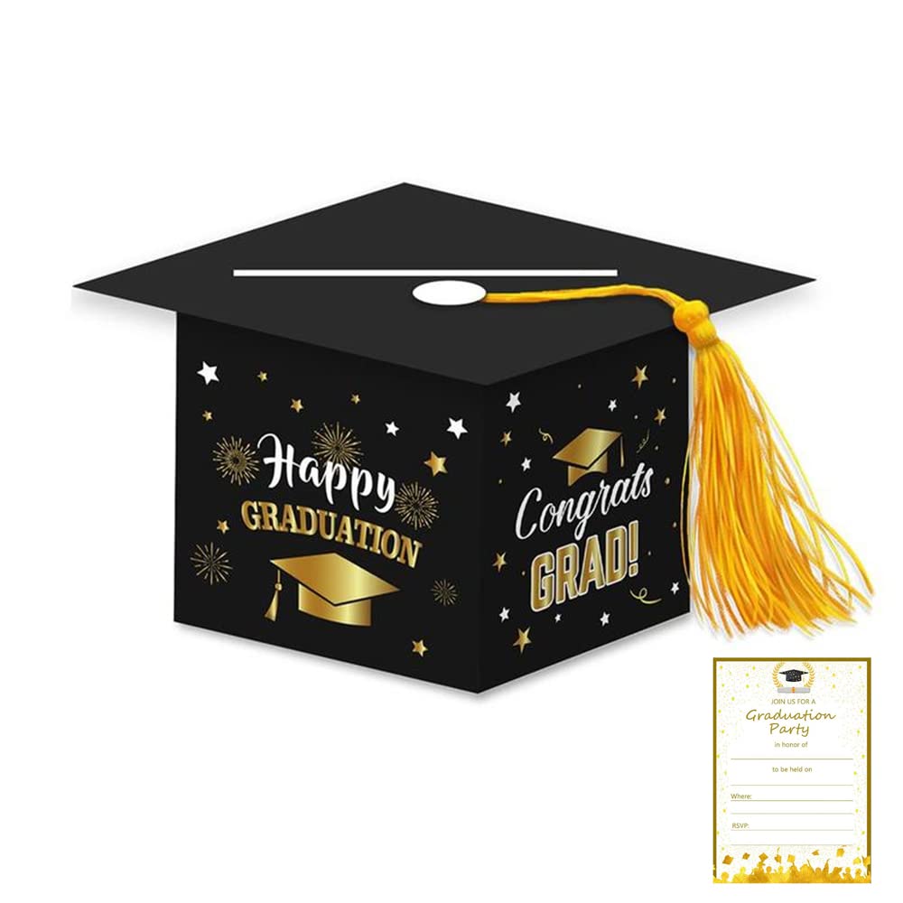 2022 Graduation Card Box with Tassel - Elegant Black Graduation Cap Keepsake Box with 24 Gold Invitation Cards - Perfect for Graduation Parties, Ceremonies & School Celebrations - Ideal Graduation Gift for High School & College Students