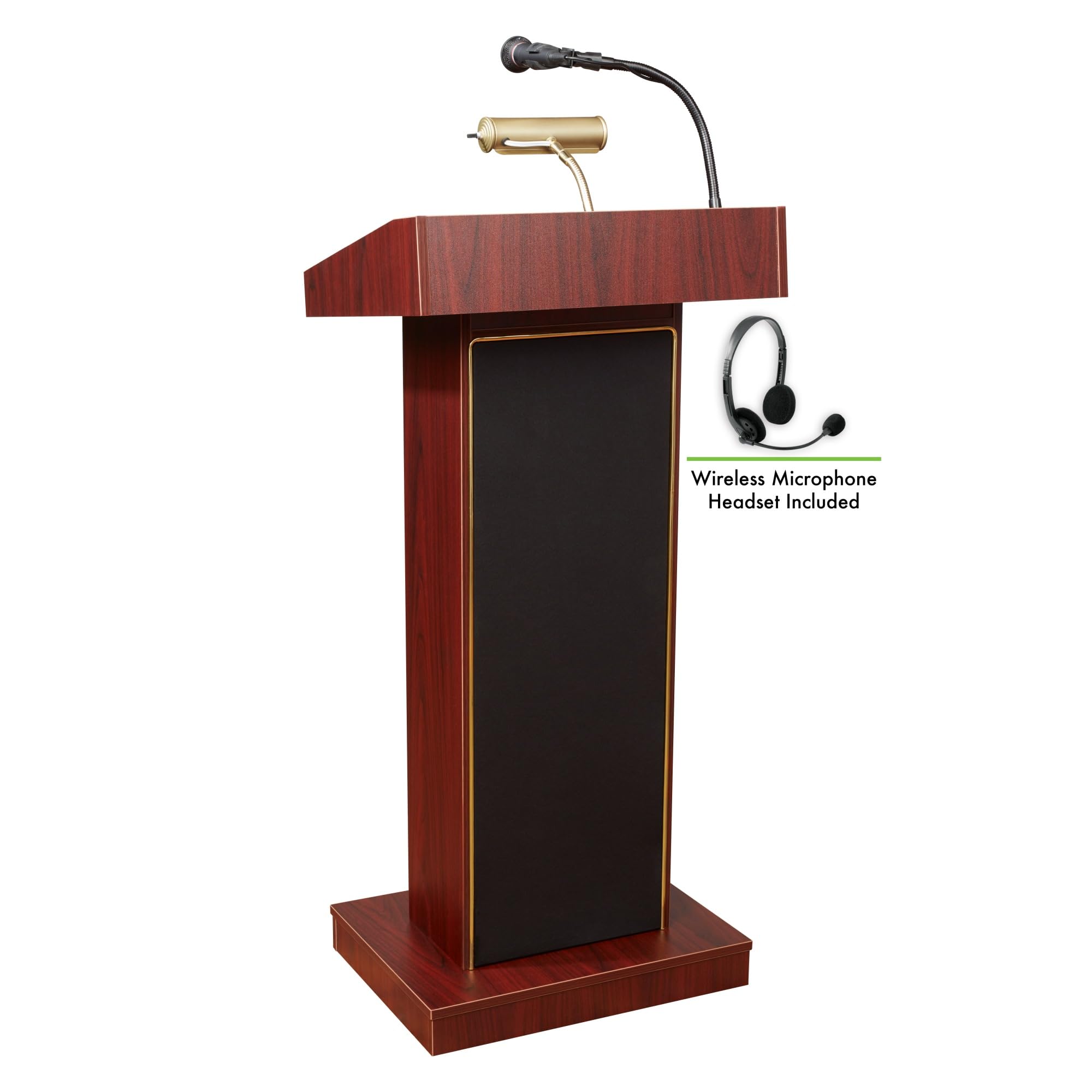 Oklahoma Sound 800X-7 Orator Lectern & Headset Microphone with Mahogany Finish - Perfect for Public Speaking, Church Sermons, and Conference Presentations
