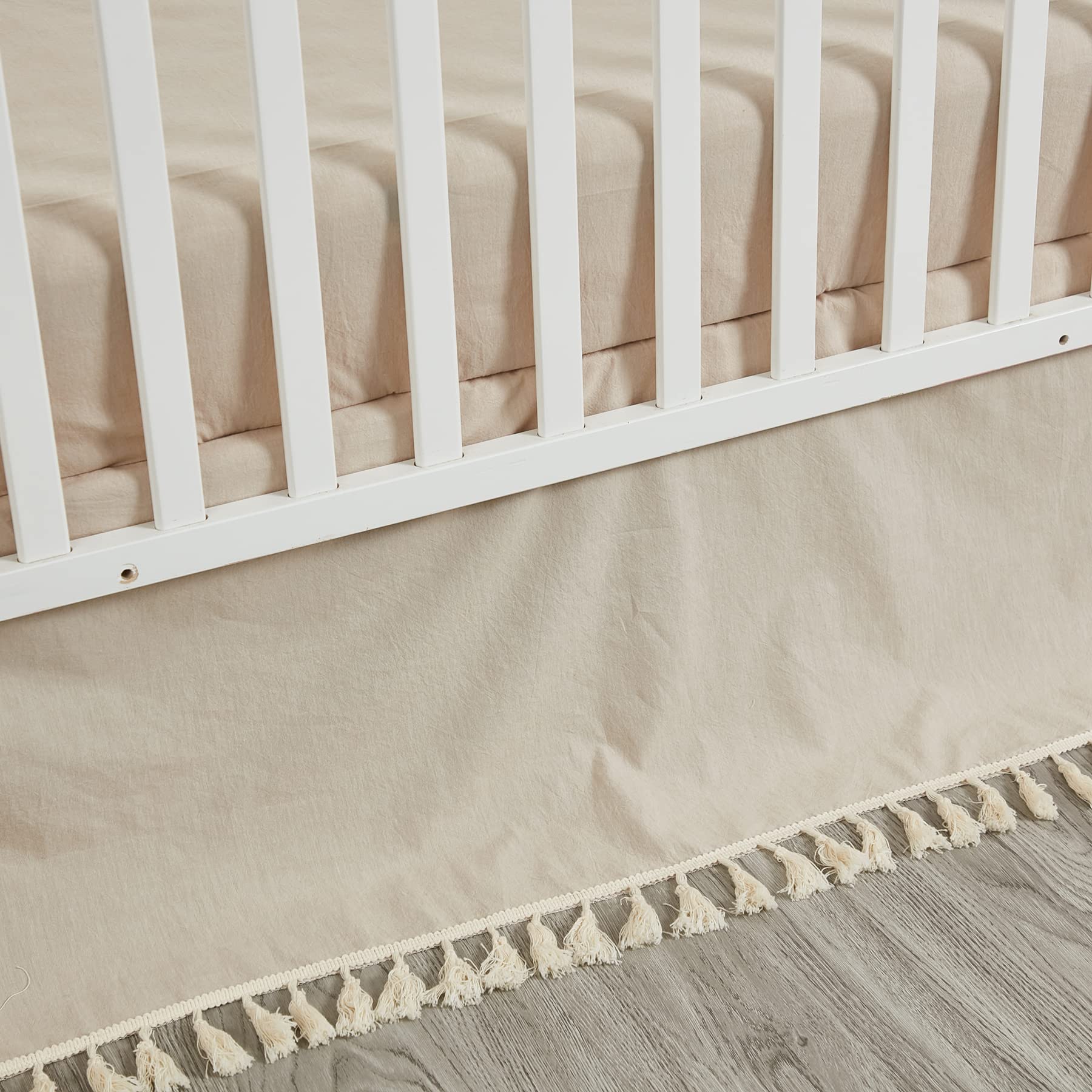 Brandream Unisex Bohemian Baby Crib Bedding Set - 6 Piece Beige Farmhouse Nursery Set with Tassel Fringe, 100% Washed Cotton - Perfect for Neutral Nursery, Gender Reveal, and Minimalist Baby Room Decor