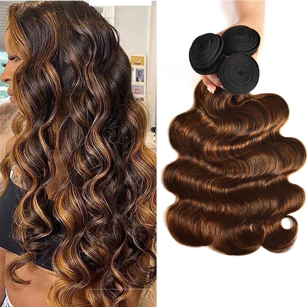 Nadula 12A Grade Brazilian Human Hair Bundles - 100% Unprocessed Virgin Hair, Brown Balayage Body Wave (10