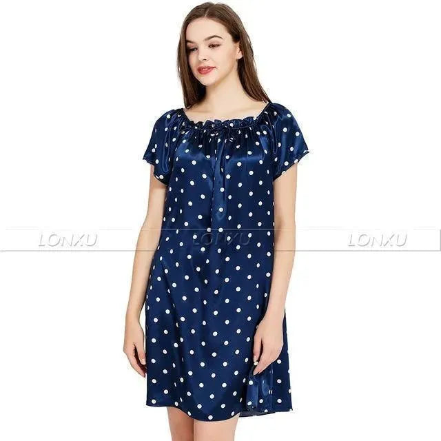 Elegant Women's Polka Dot Silk Nightgown - Soft & Comfortable Sleepwear for Relaxing at Home or Romantic Evenings
