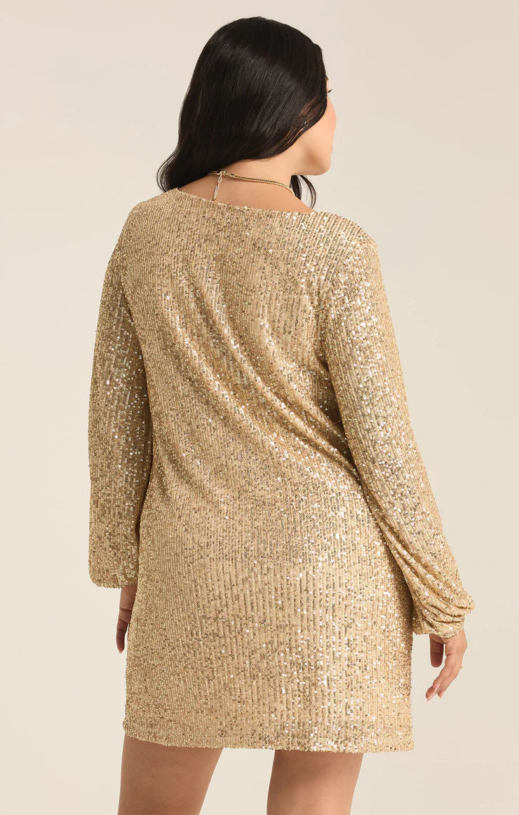 Z Supply Andromeda Champagne Sequin Mini Dress - Sparkly Party Dress for Women, Night Out, Wedding Guest, Holiday Celebration