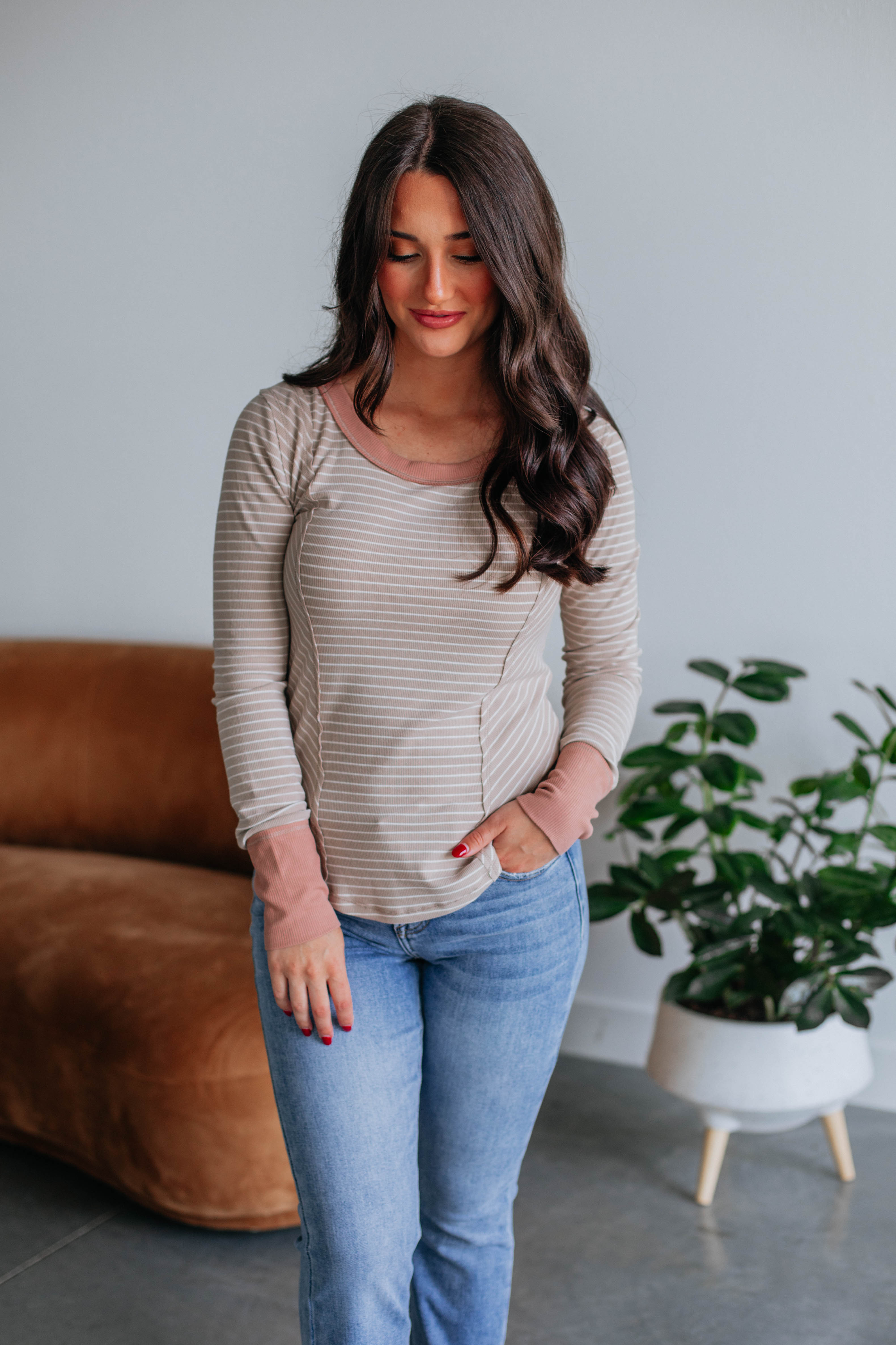 Jalene Ribbed Top Women's Fashion T-Shirt - Sand Mix Color for Casual Wear & Layering Outfits