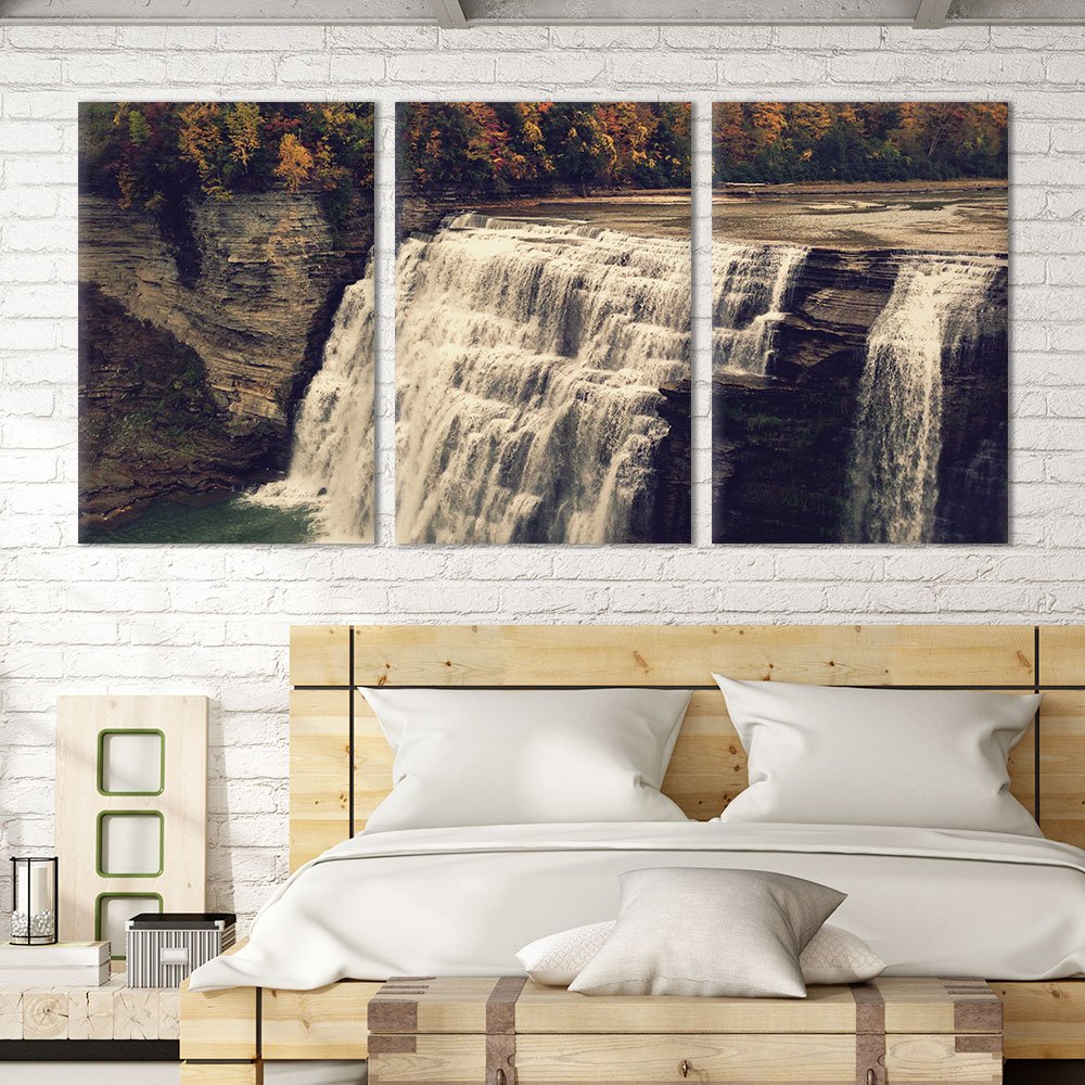 Wall26 3-Panel Canvas Wall Art - Stunning Mountain Cliff Waterfall Landscape Giclee Print - Modern Gallery Wrapped Home Decor Ready to Hang (24