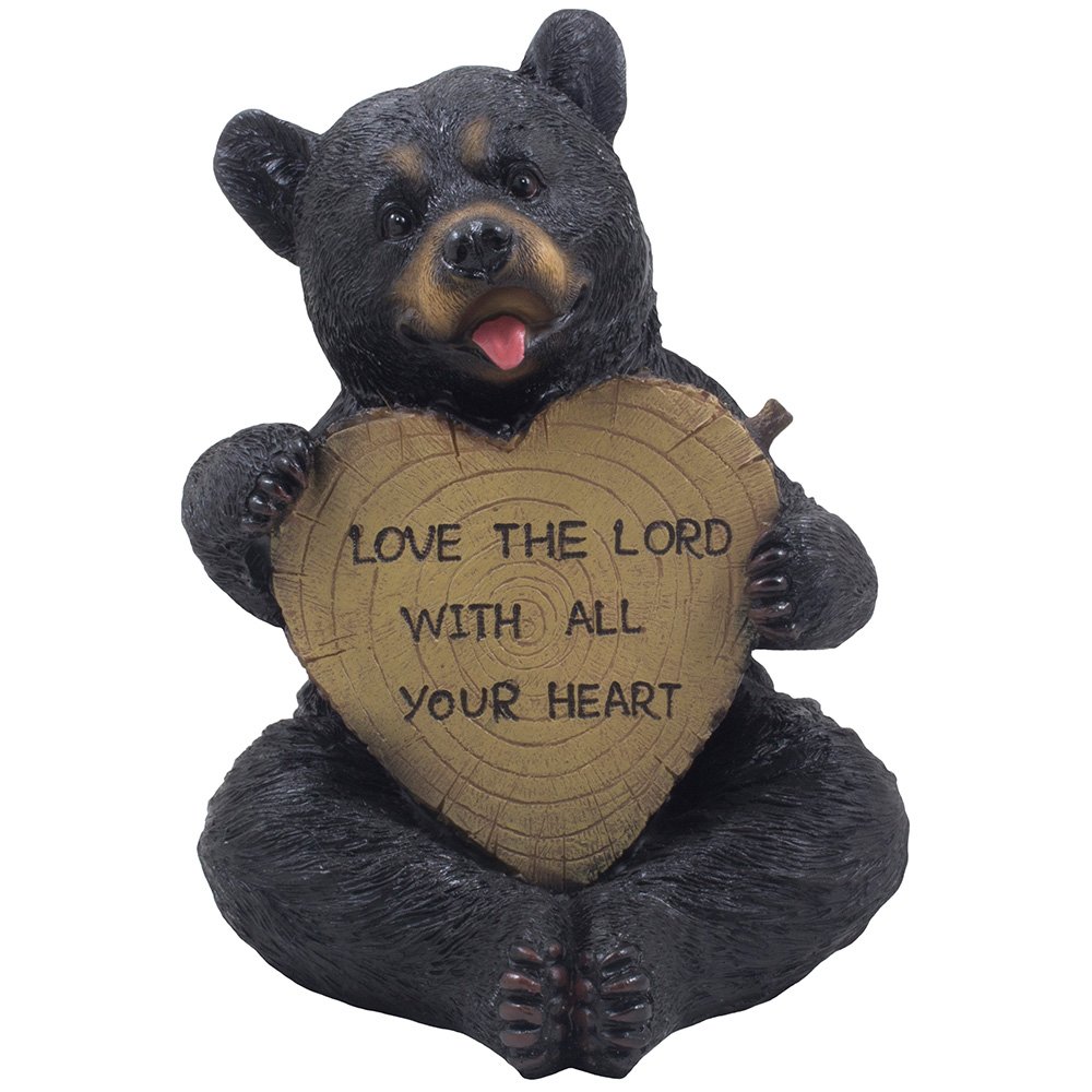 Black Bear Statue Holding Faux Wood Heart Sign - Rustic Home Decor, Christian Religious Gift for Women - Perfect for Valentine's Day, Housewarming, and Spiritual Décor