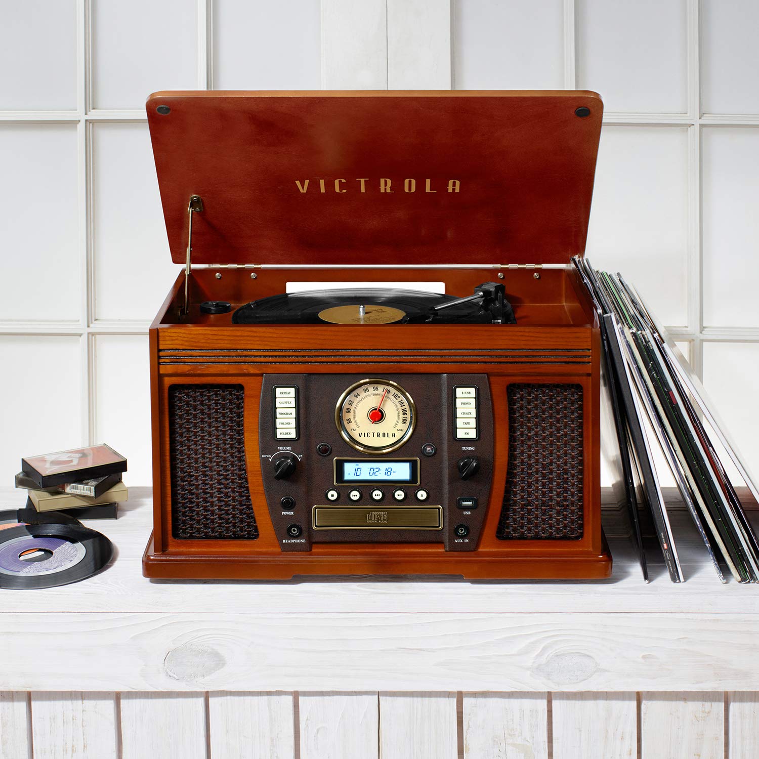 Victrola Aviator 8-in-1 Bluetooth Record Player & Multimedia Center with Built-in Stereo Speakers - 3-Speed Turntable, Vinyl to MP3 Recording, Wireless Music Streaming, Mahogany Finish | Perfect for Home Entertainment, Vinyl Collectors & Music Lovers