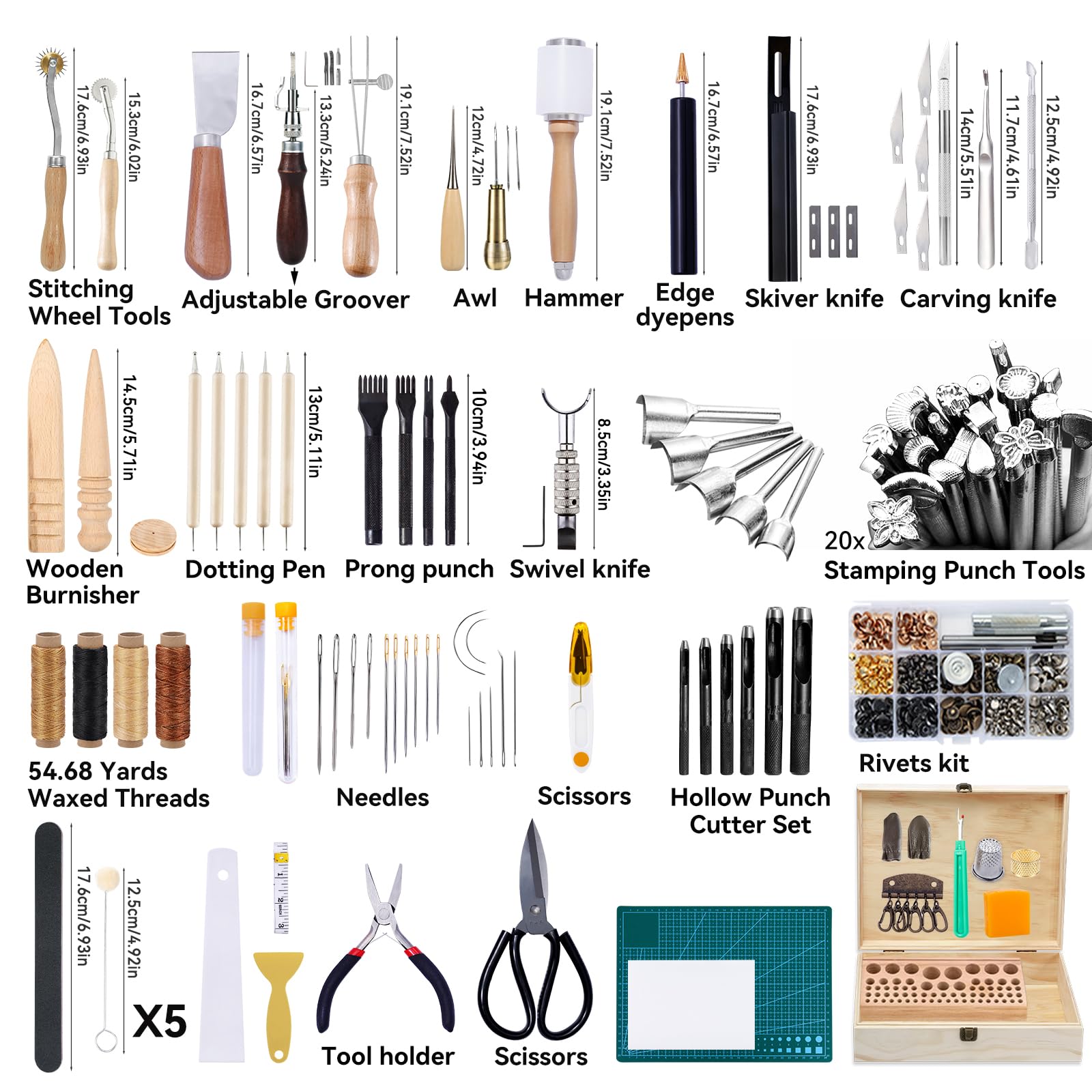 Jupean 458-Piece Leather Crafting Kit - Professional Leather Working Tools & Supplies with Instruction Book, Tool Holder, Stamps Set, Prong & Hollow Punches - Perfect for DIY Leather Projects, Belt Making, Wallet Crafting & Leather Repair