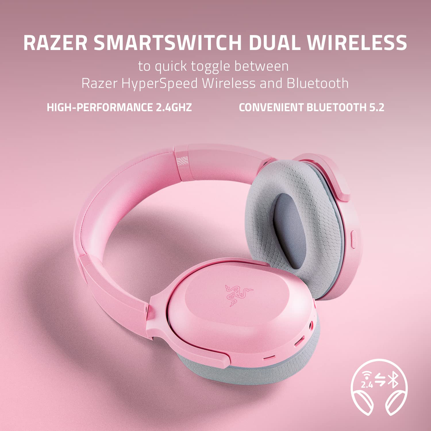 Razer Barracuda Wireless Gaming Headset - Multi-Platform Compatible with PC, PS5, Switch & Mobile (SmartSwitch Dual Wireless, Active Noise Cancelling Mic, 50mm TriForce Drivers, 40H Battery) Quartz Pink - Perfect for Gaming, Streaming & Remote Work