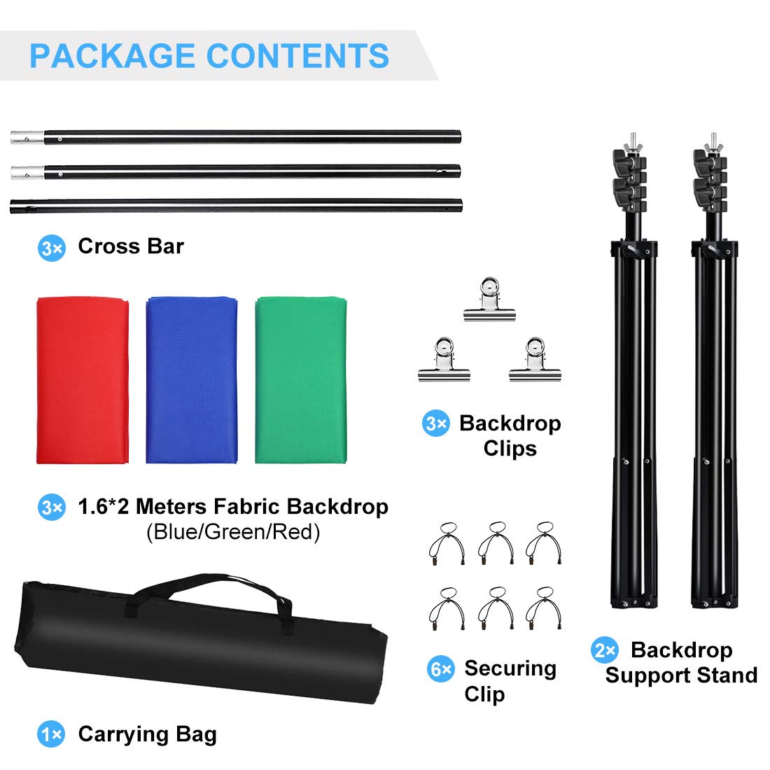PULUZ 6.5x6.5ft/2x2M Photo Studio Backdrop Stand Kit with 5.3x6.5ft/1.6x2M Fabric Background (Red, Blue, Green) - Perfect for Portrait Photography, Product Shoots, YouTube Videos & Content Creation