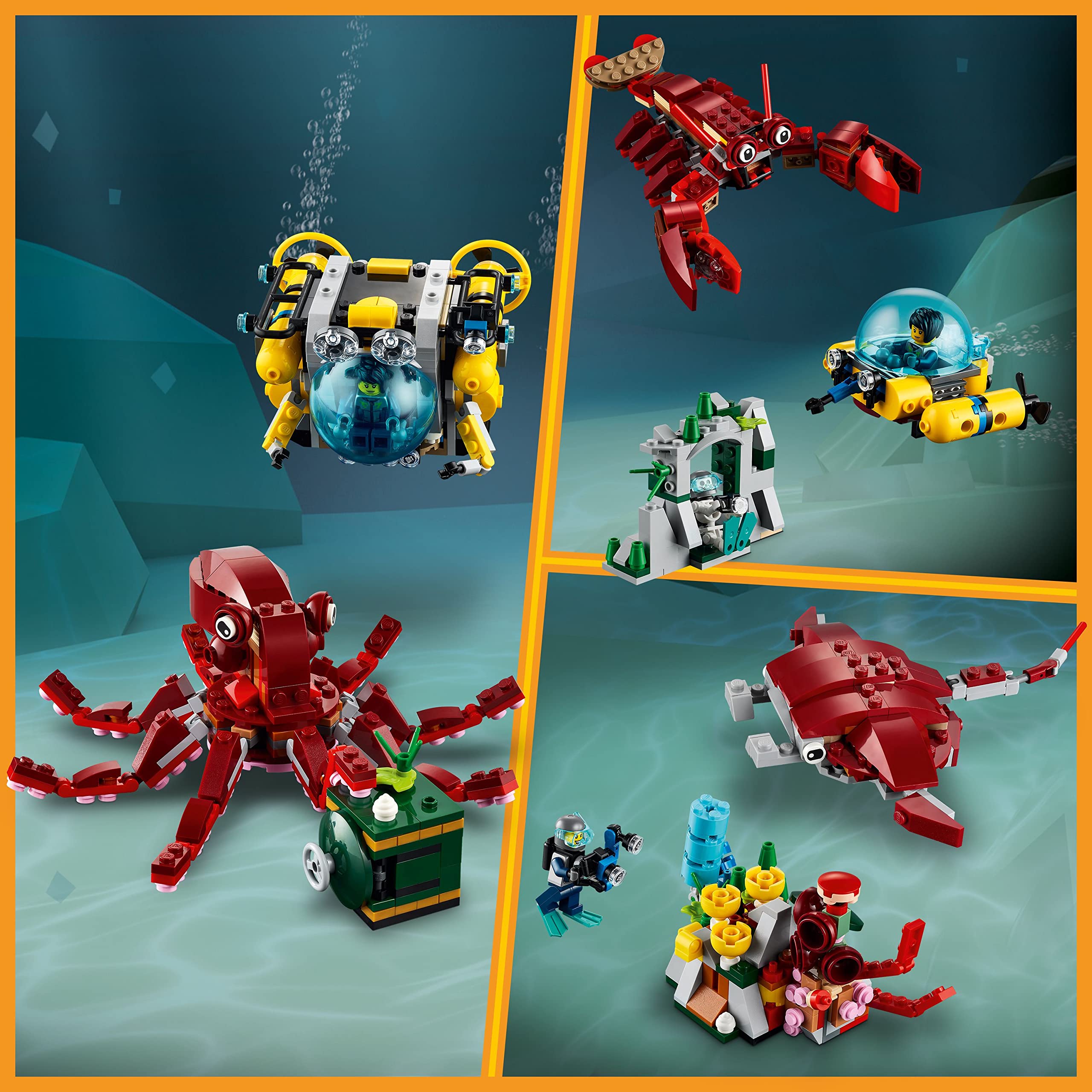 LEGO Creator 31130 3-in-1 Underwater Toy Set - Build a Submarine, Lobster, Octopus or Manta Ray - Fun Marine Animal Figures for Kids | Perfect for Creative Play, STEM Learning & Ocean-Themed Decor