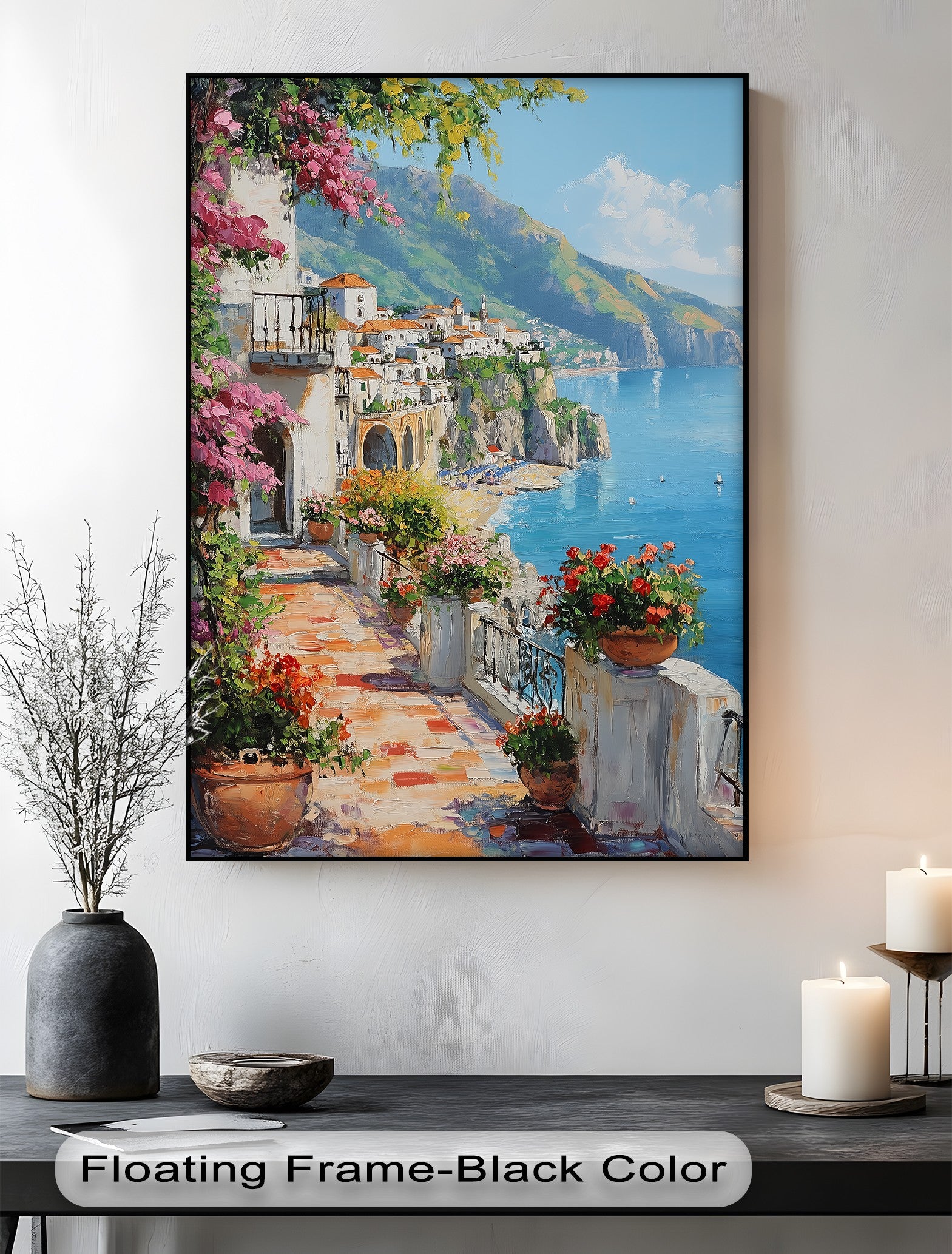 Amalfi Terrace Bloom Coastal Italian Balcony Canvas Print - Stunning Wall Art for Beach House, Living Room & Office Decor
