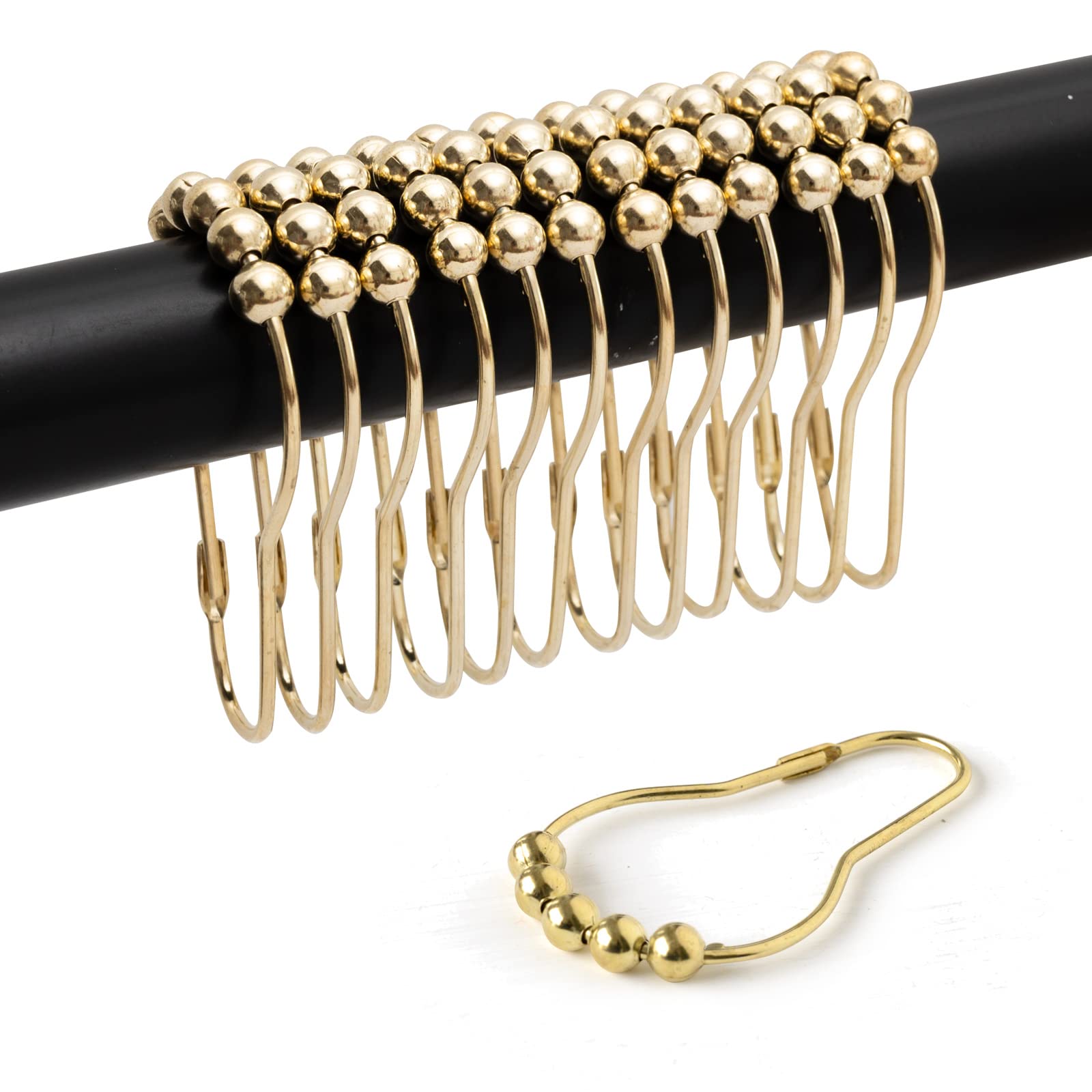 (12 Pack) Rust-Resistant Metal Shower Curtain Hooks with Smooth Glide Rollers - Premium Gold Bathroom Curtain Rings for Shower Rods - Perfect for Bathroom Decor & Easy Curtain Installation