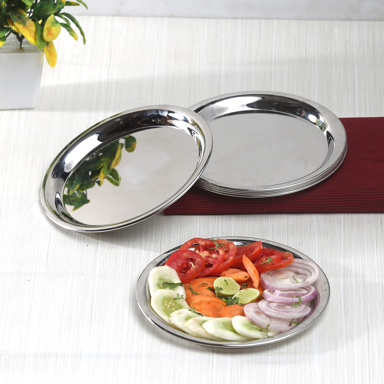 Premium Stainless Steel Thali Plate Set of 6 (20cm) - Mirror Finish Food-Grade Indian Serving Plates - Durable Dinnerware with 2-Year Warranty - Perfect for Indian Cuisine, Restaurants & Home Dining