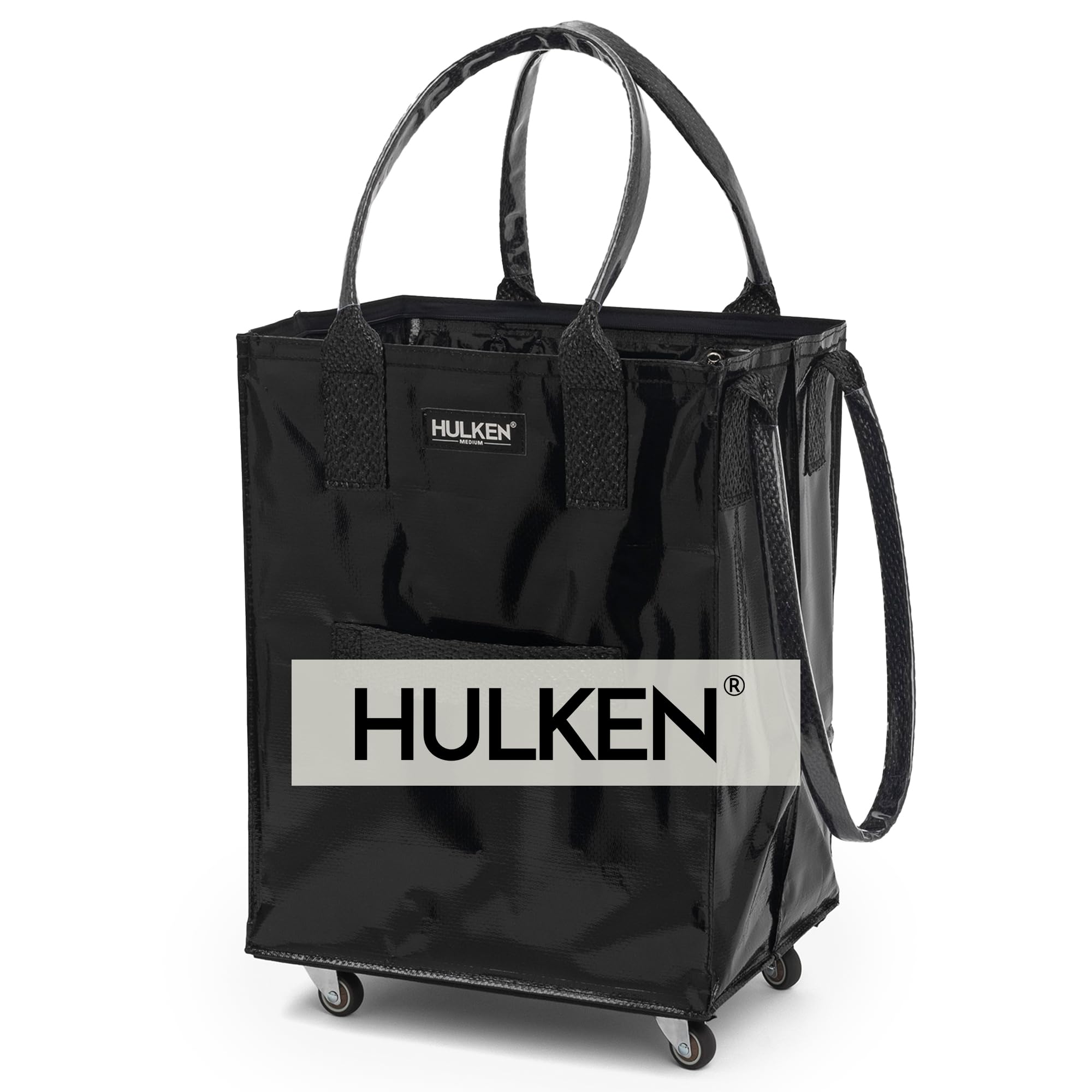 Medium Black Reusable Grocery Bag on Wheels - Foldable Shopping Cart with Zipper Closure, Lightweight Rolling Tote (Holds 66 lbs) - Perfect for Grocery Shopping, Farmers Market & Travel