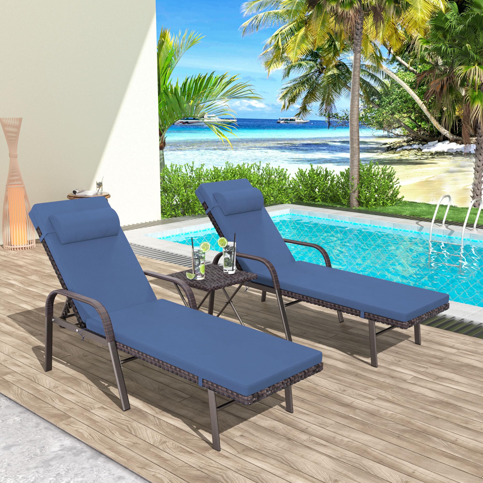 3-Piece Patio Chaise Lounge Set with Cushions - Adjustable Rattan Backrest Outdoor Folding Chairs & Table - Navy Blue Poolside Furniture for Backyard, Porch, Beach and Garden Relaxation