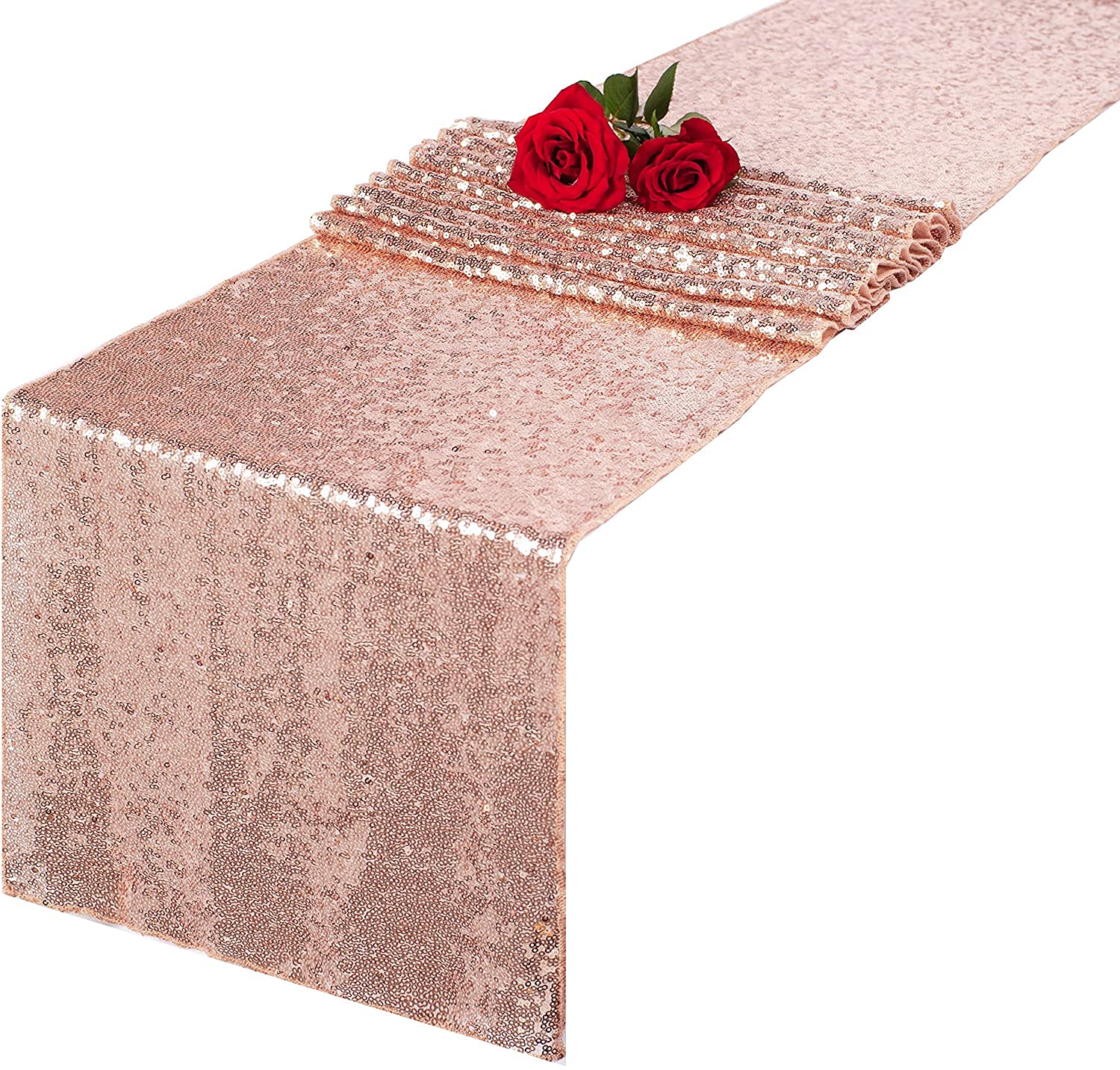 Rose Gold Sequin Table Runner 12x108 Inch - Glitter Sparkle Fabric Decor for Holiday, Wedding, Birthday Parties - Elegant Rectangle Table Cloth for Dining, Buffet & Special Events